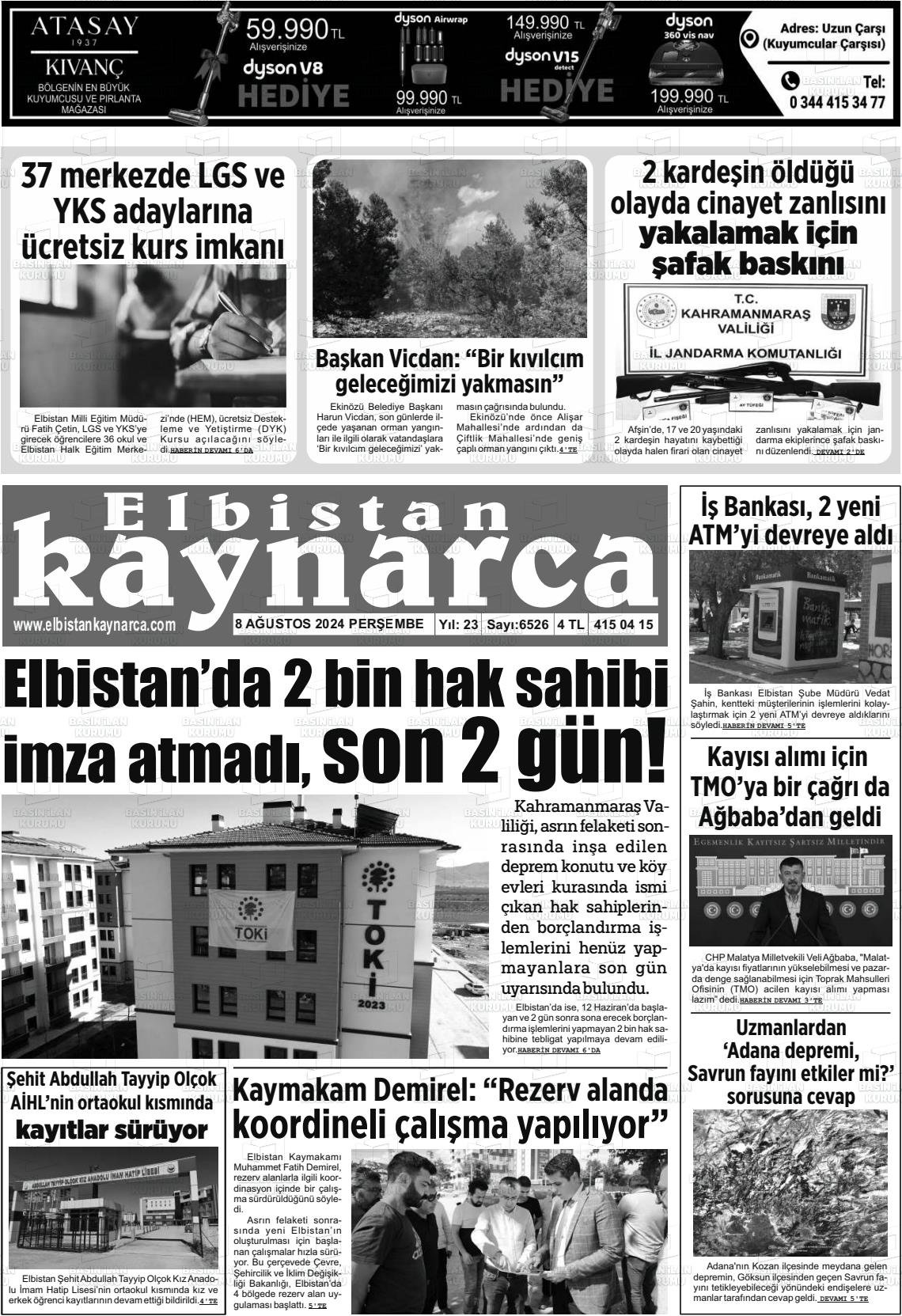 08 Ağustos 2024 Elbistan Kaynarca Gazete Manşeti