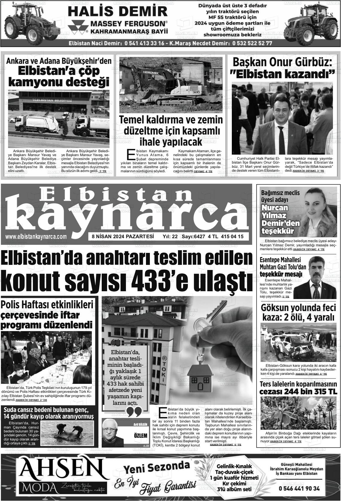 08 Nisan 2024 Elbistan Kaynarca Gazete Manşeti