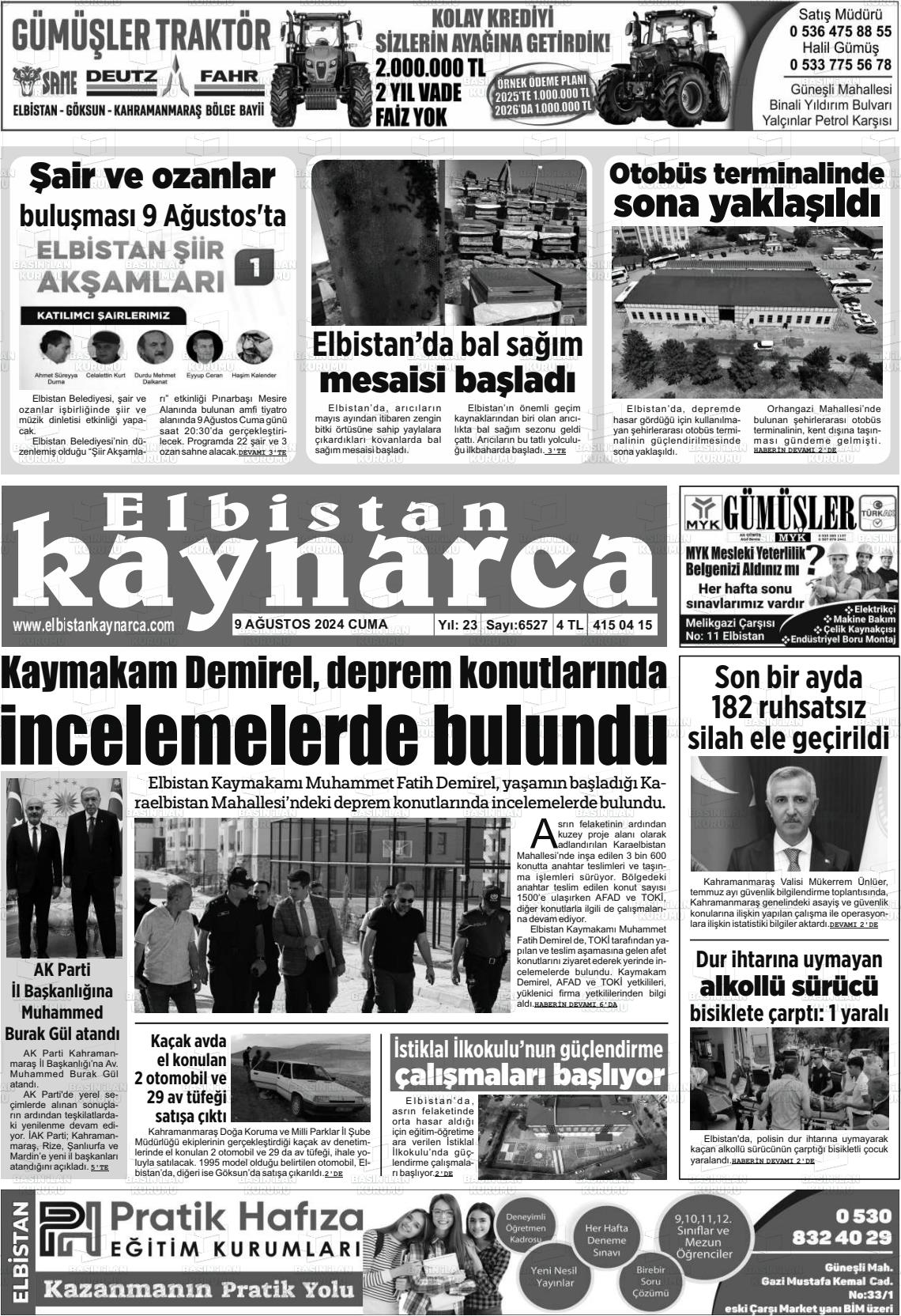 09 Ağustos 2024 Elbistan Kaynarca Gazete Manşeti