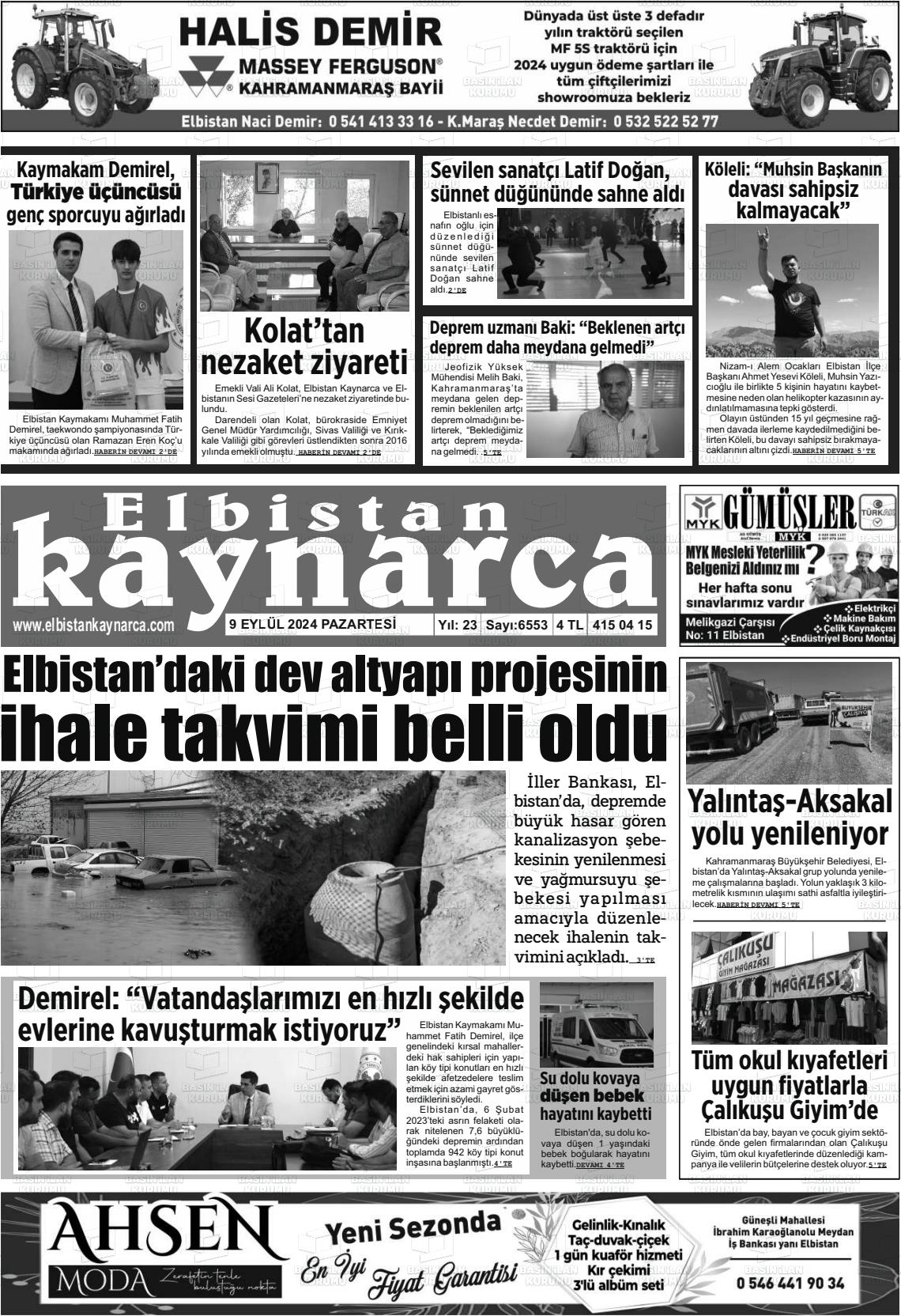 09 Eylül 2024 Elbistan Kaynarca Gazete Manşeti