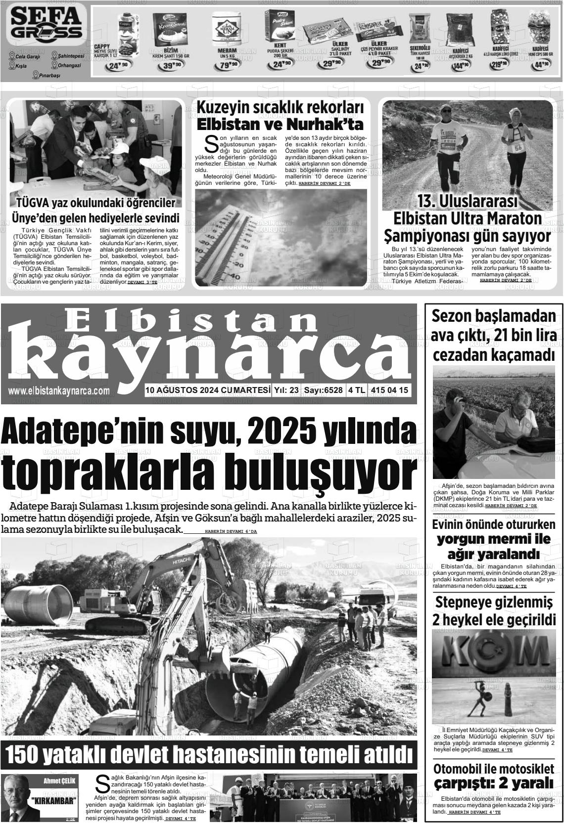 10 Ağustos 2024 Elbistan Kaynarca Gazete Manşeti