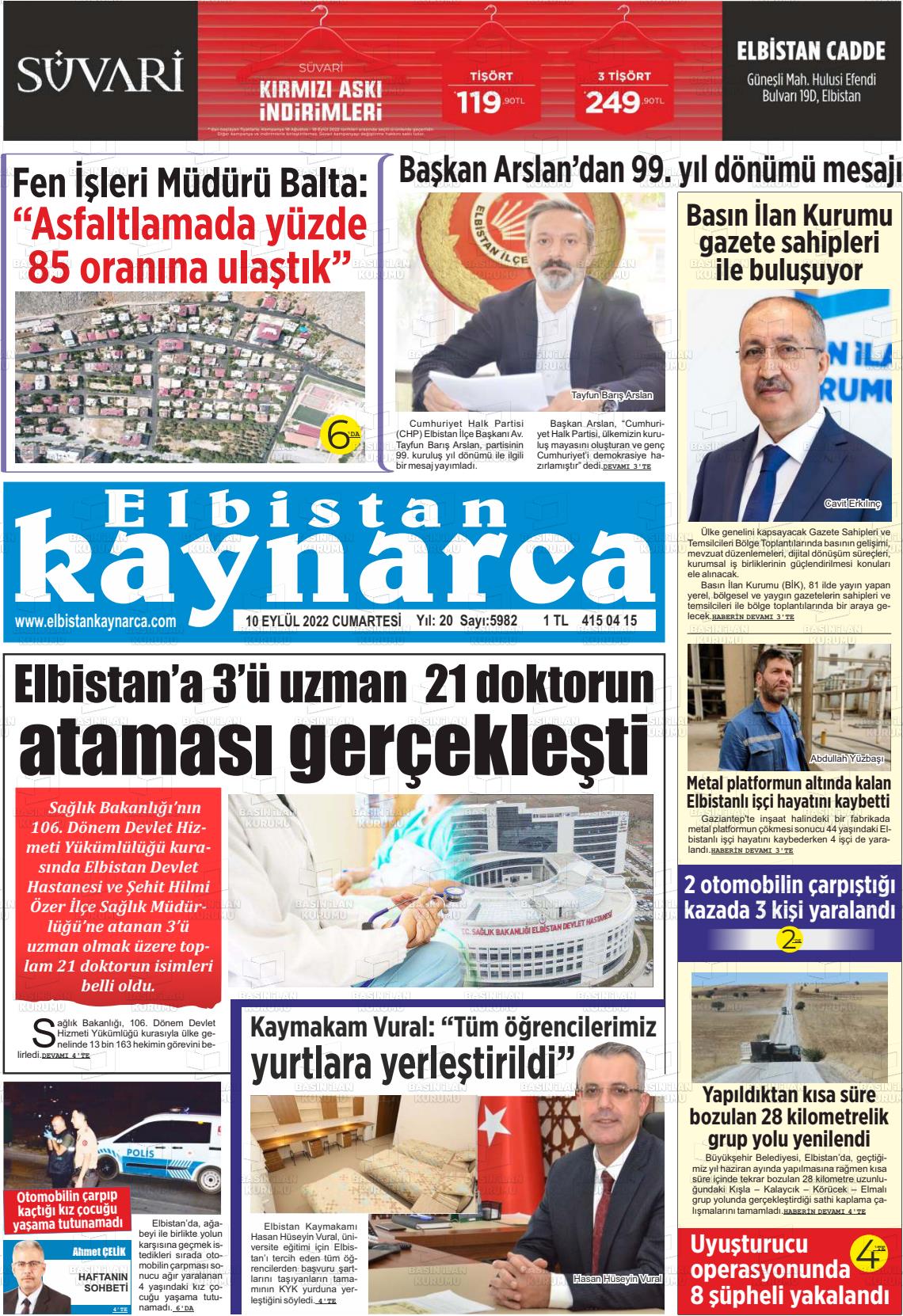 10 Eylül 2022 Elbistan Kaynarca Gazete Manşeti