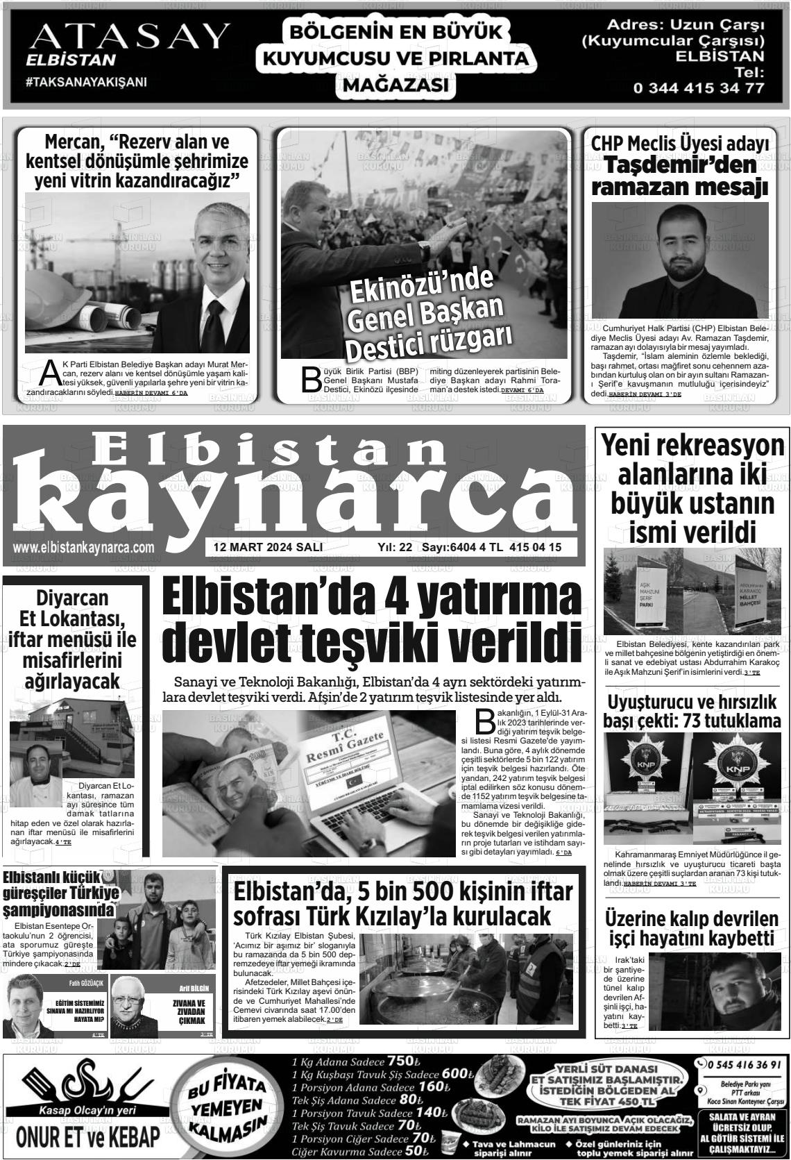 12 Mart 2024 Elbistan Kaynarca Gazete Manşeti