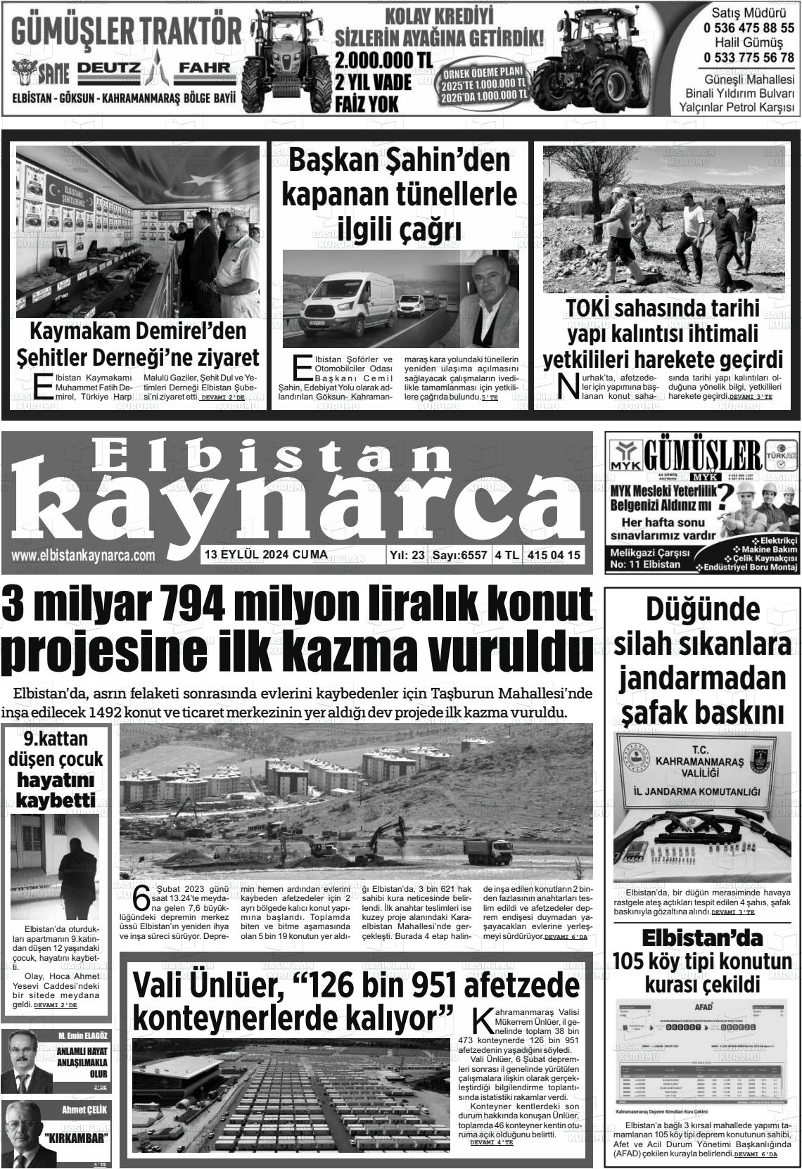 13 Eylül 2024 Elbistan Kaynarca Gazete Manşeti