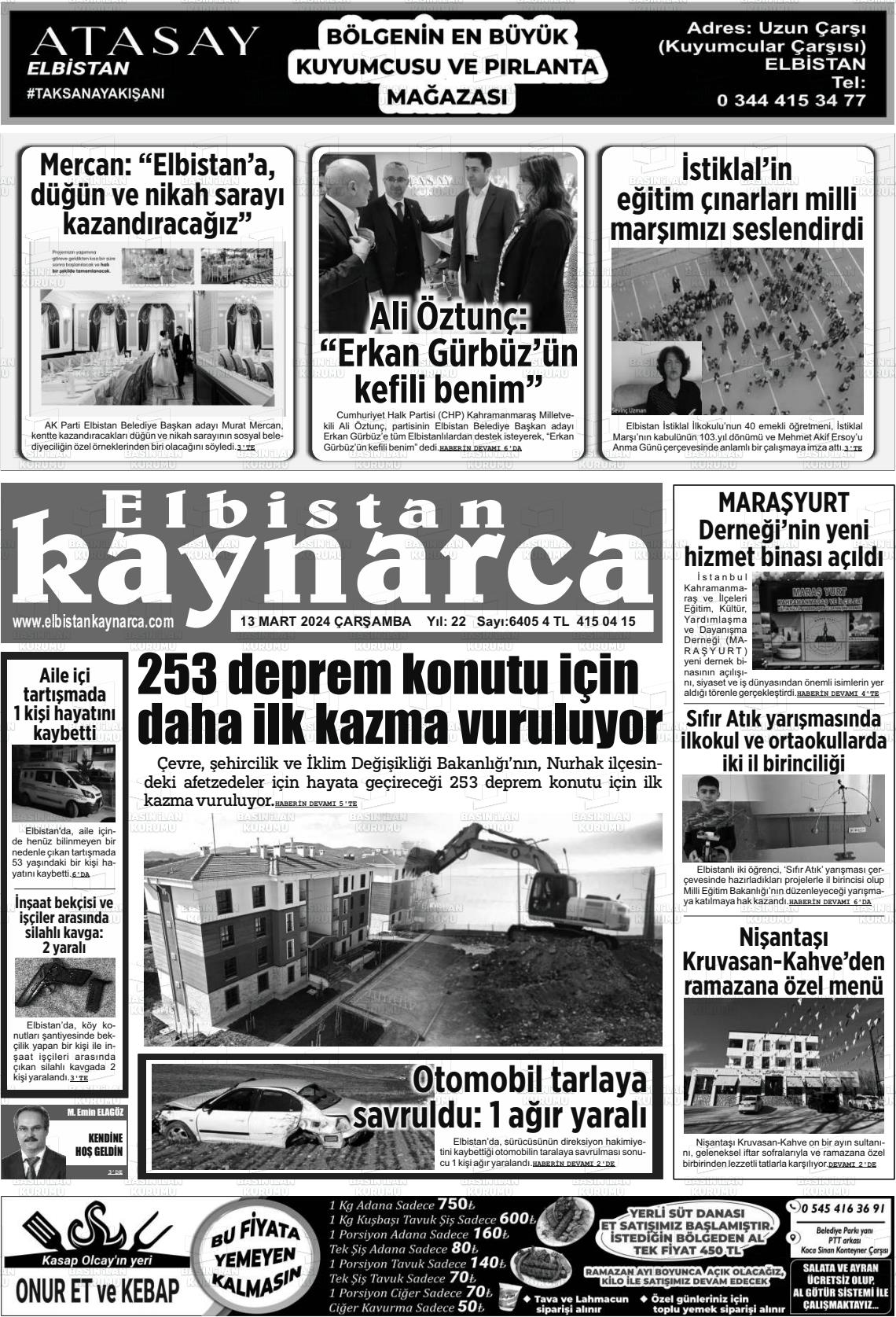 13 Mart 2024 Elbistan Kaynarca Gazete Manşeti