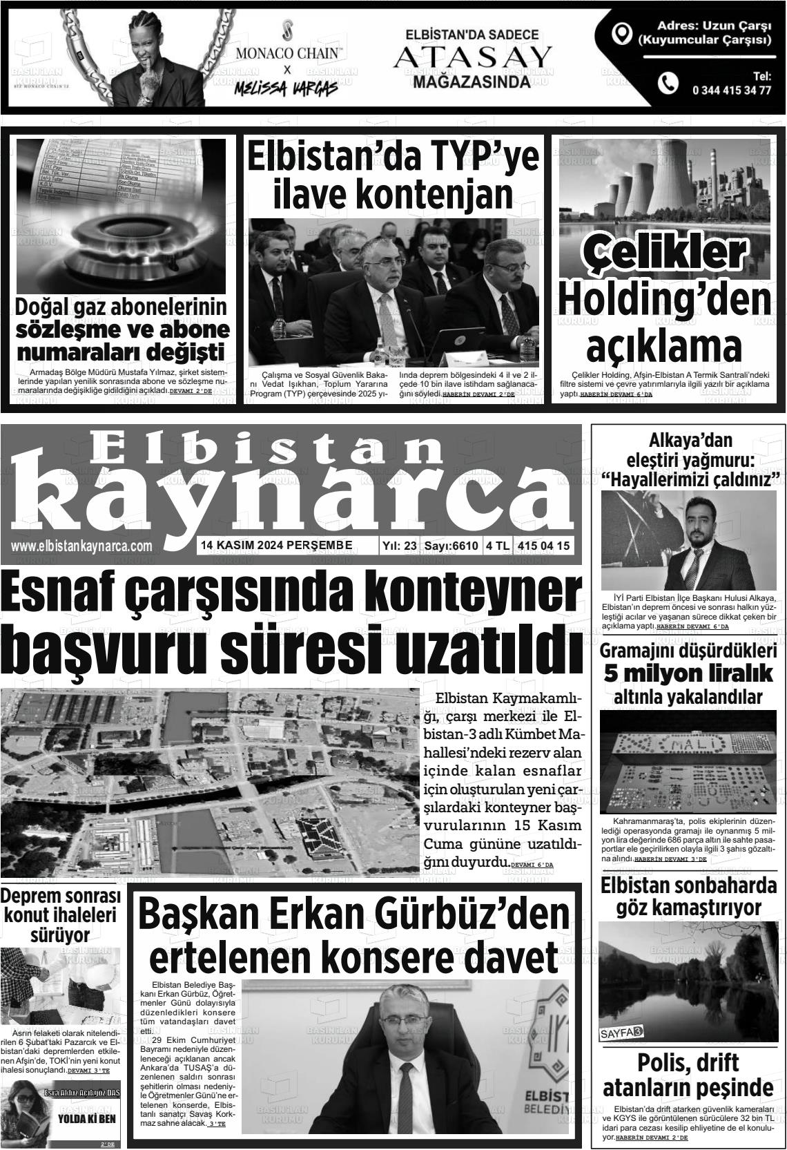 14 Kasım 2024 Elbistan Kaynarca Gazete Manşeti