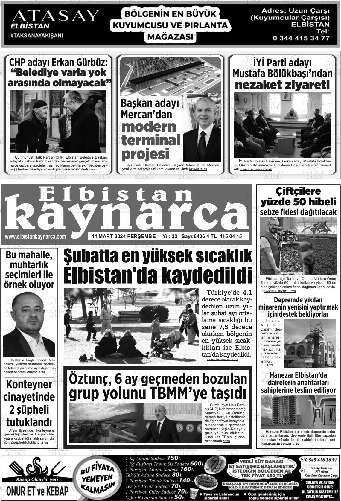 14 Mart 2024 Elbistan Kaynarca Gazete Manşeti