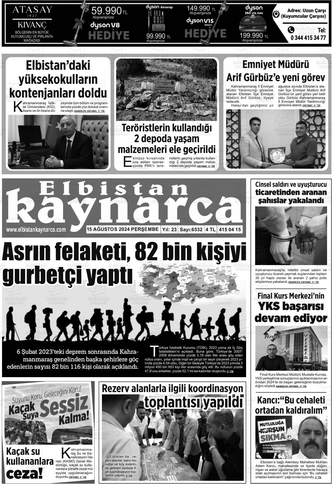 15 Ağustos 2024 Elbistan Kaynarca Gazete Manşeti