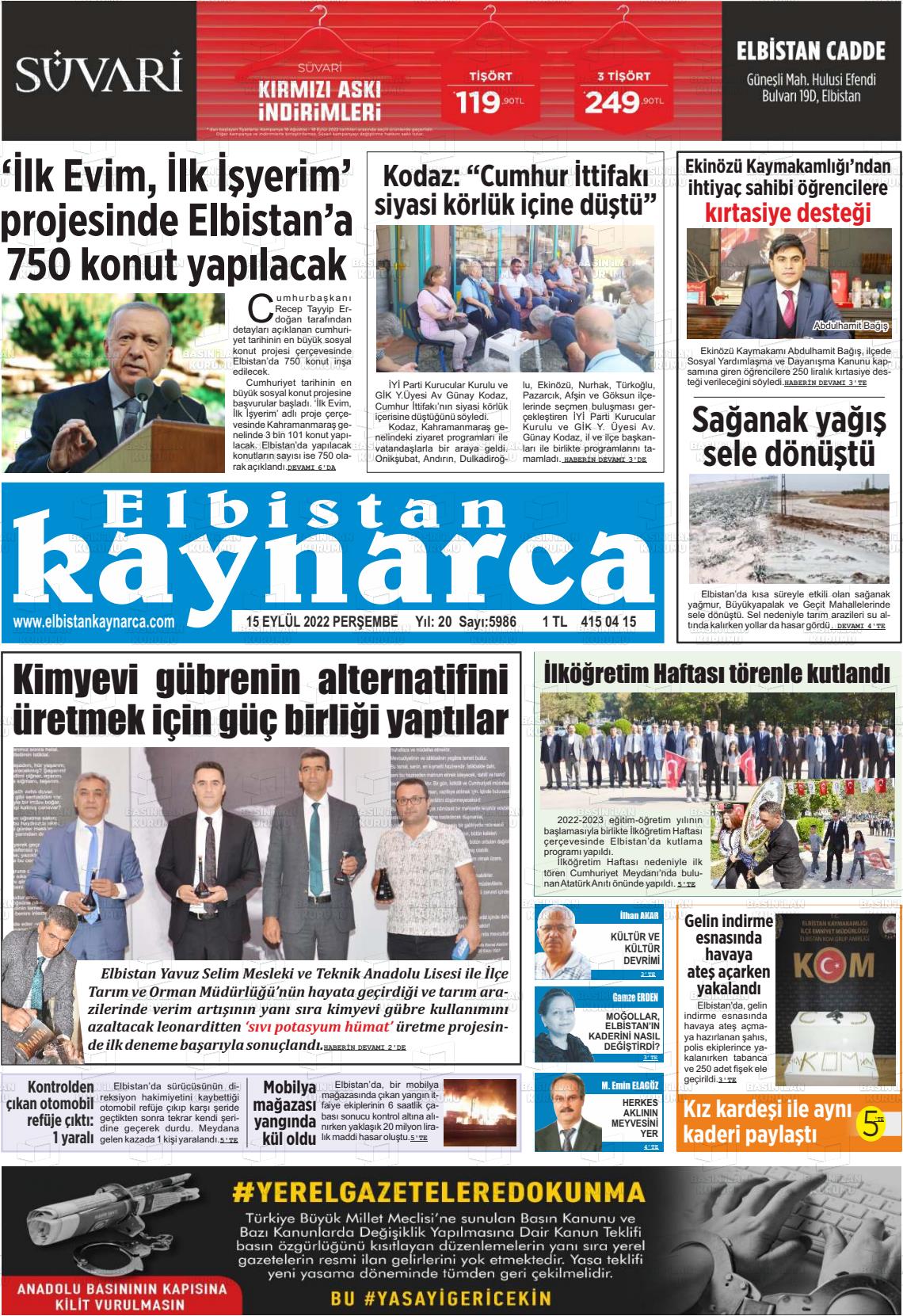 15 Eylül 2022 Elbistan Kaynarca Gazete Manşeti