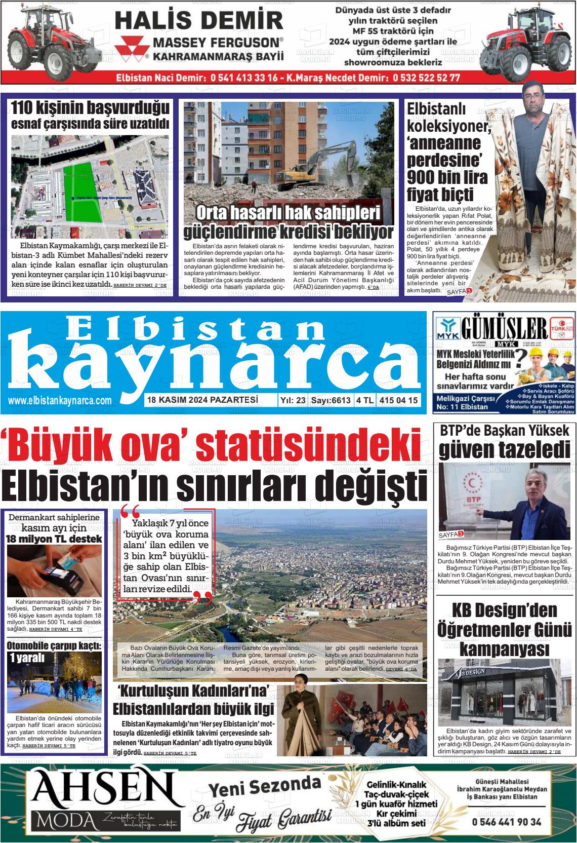 18 Kasım 2024 Elbistan Kaynarca Gazete Manşeti