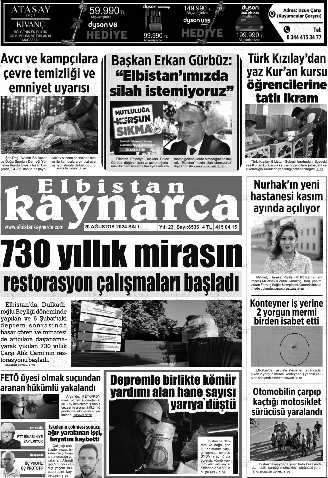 20 Ağustos 2024 Elbistan Kaynarca Gazete Manşeti