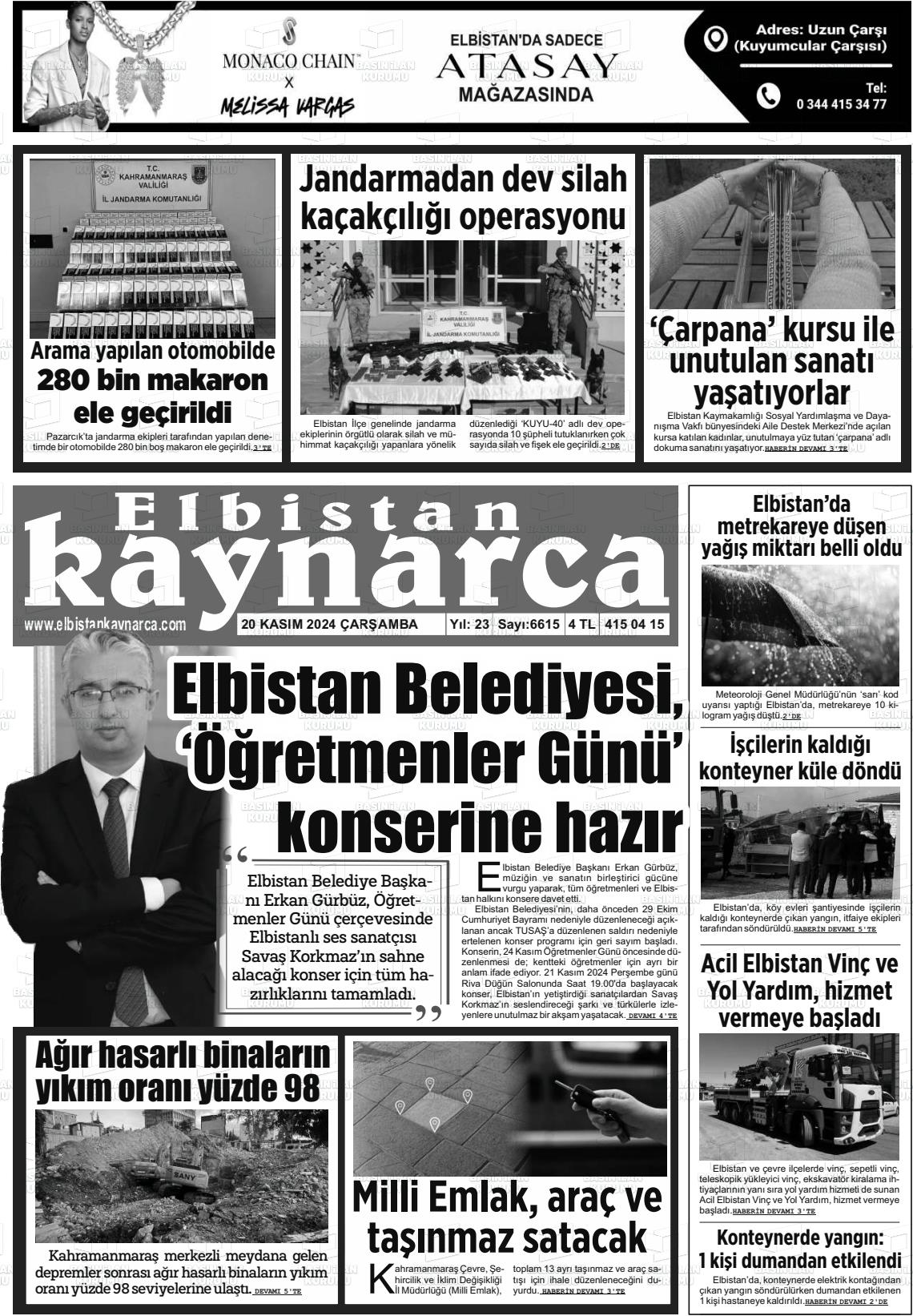 20 Kasım 2024 Elbistan Kaynarca Gazete Manşeti