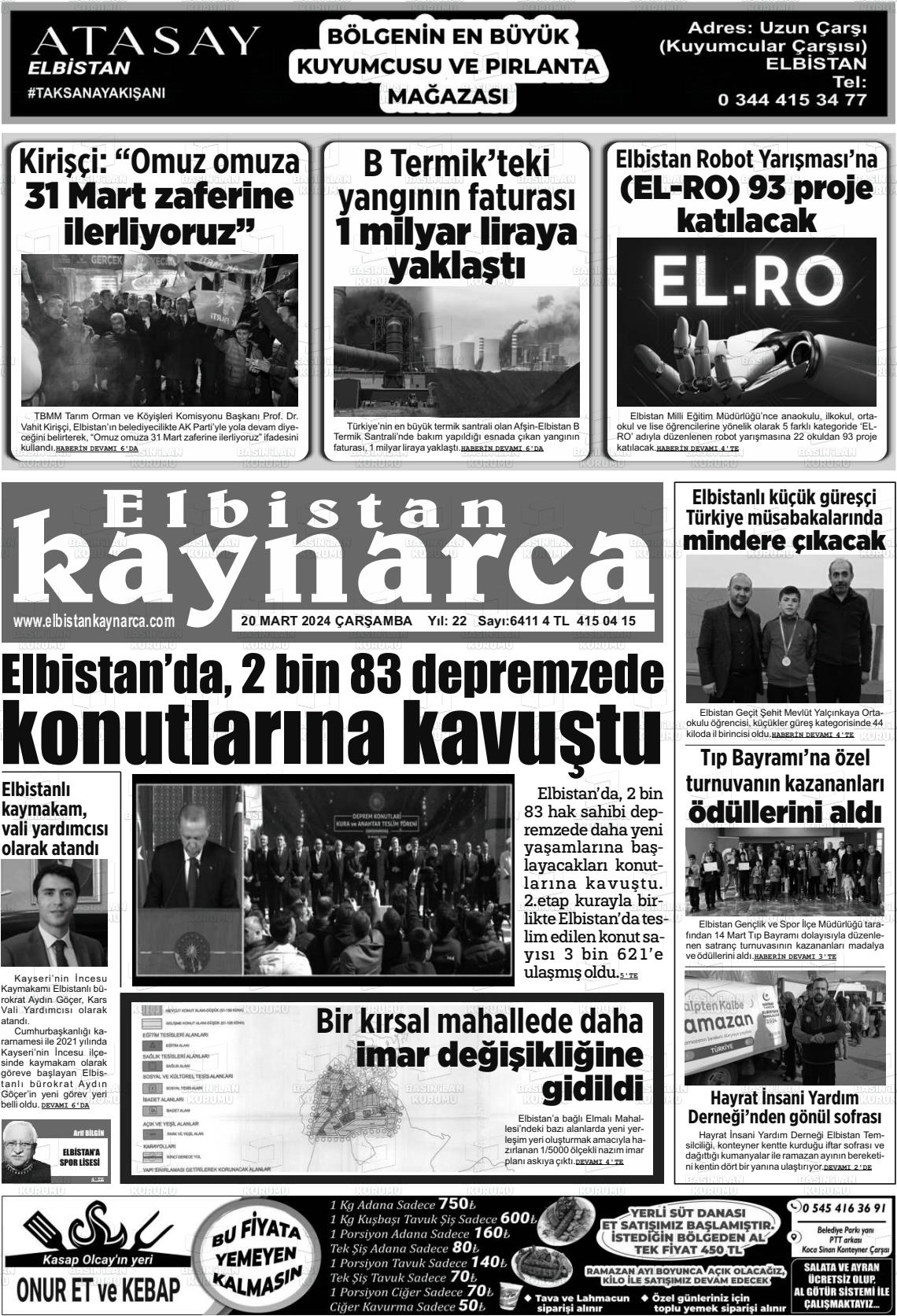 20 Mart 2024 Elbistan Kaynarca Gazete Manşeti