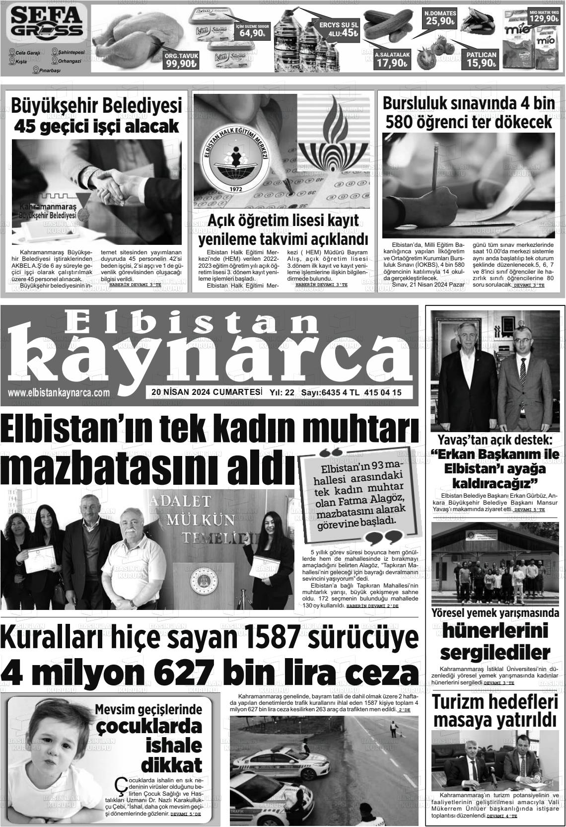 20 Nisan 2024 Elbistan Kaynarca Gazete Manşeti