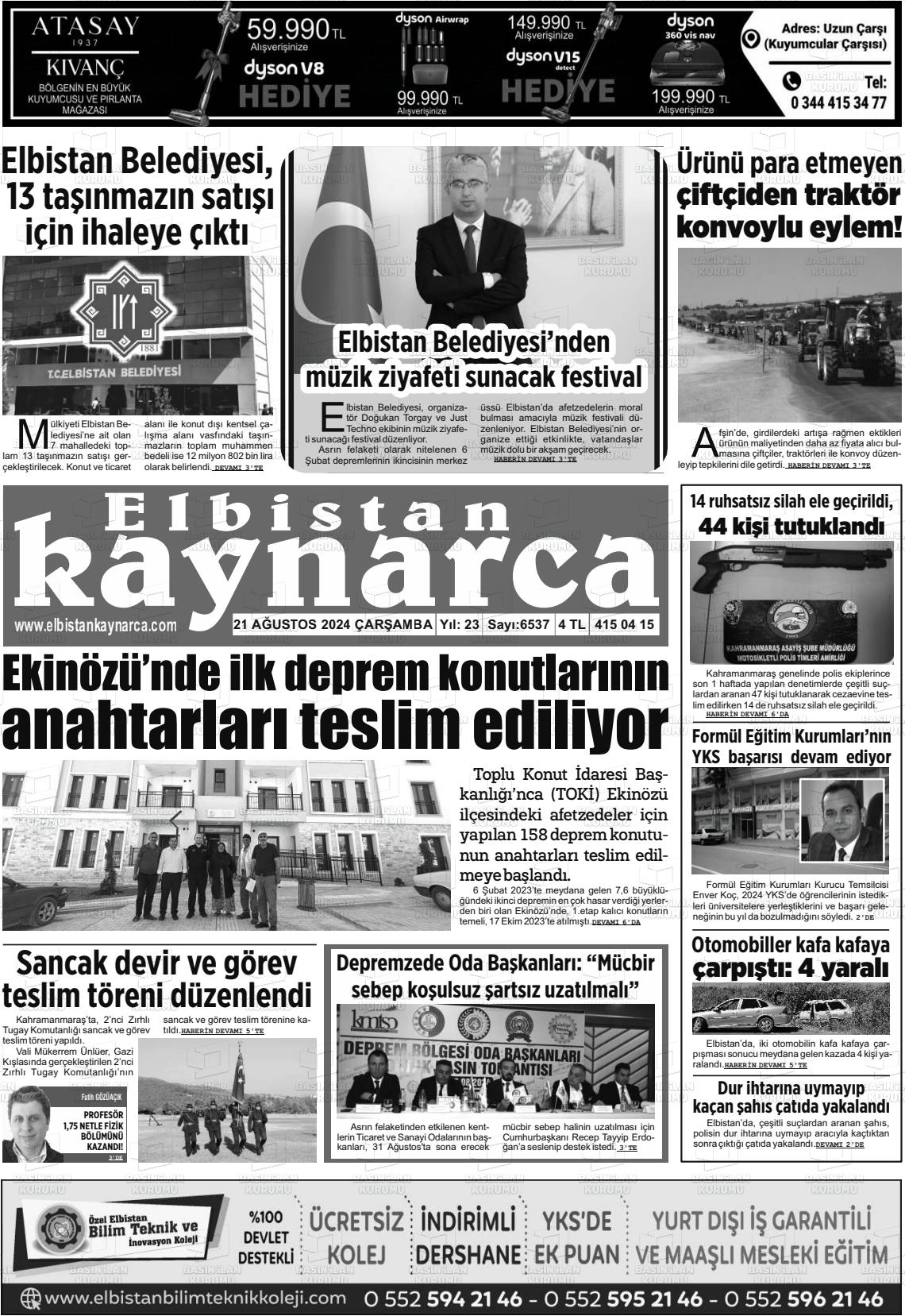 21 Ağustos 2024 Elbistan Kaynarca Gazete Manşeti