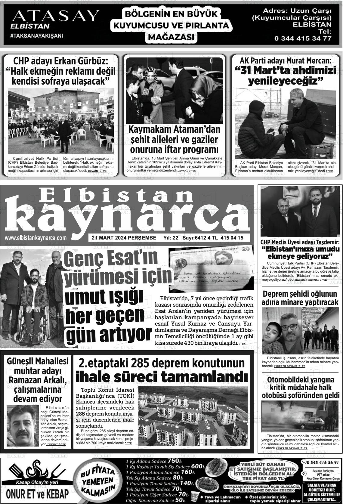 21 Mart 2024 Elbistan Kaynarca Gazete Manşeti