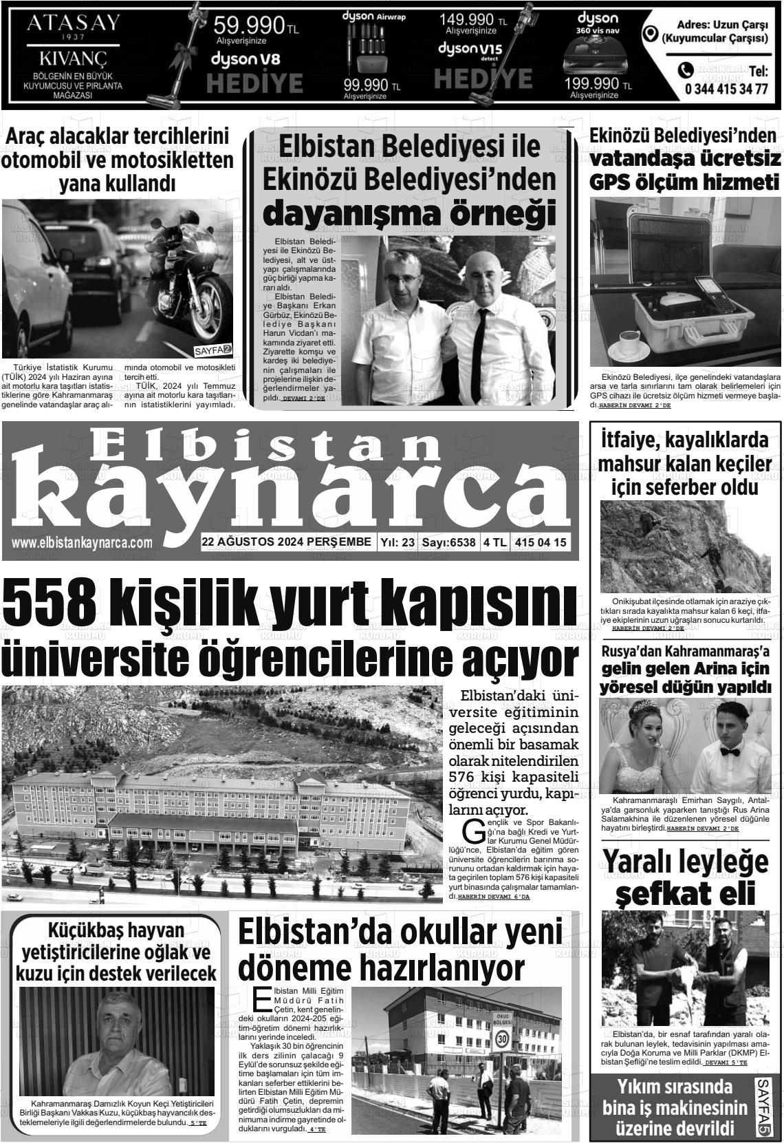 22 Ağustos 2024 Elbistan Kaynarca Gazete Manşeti