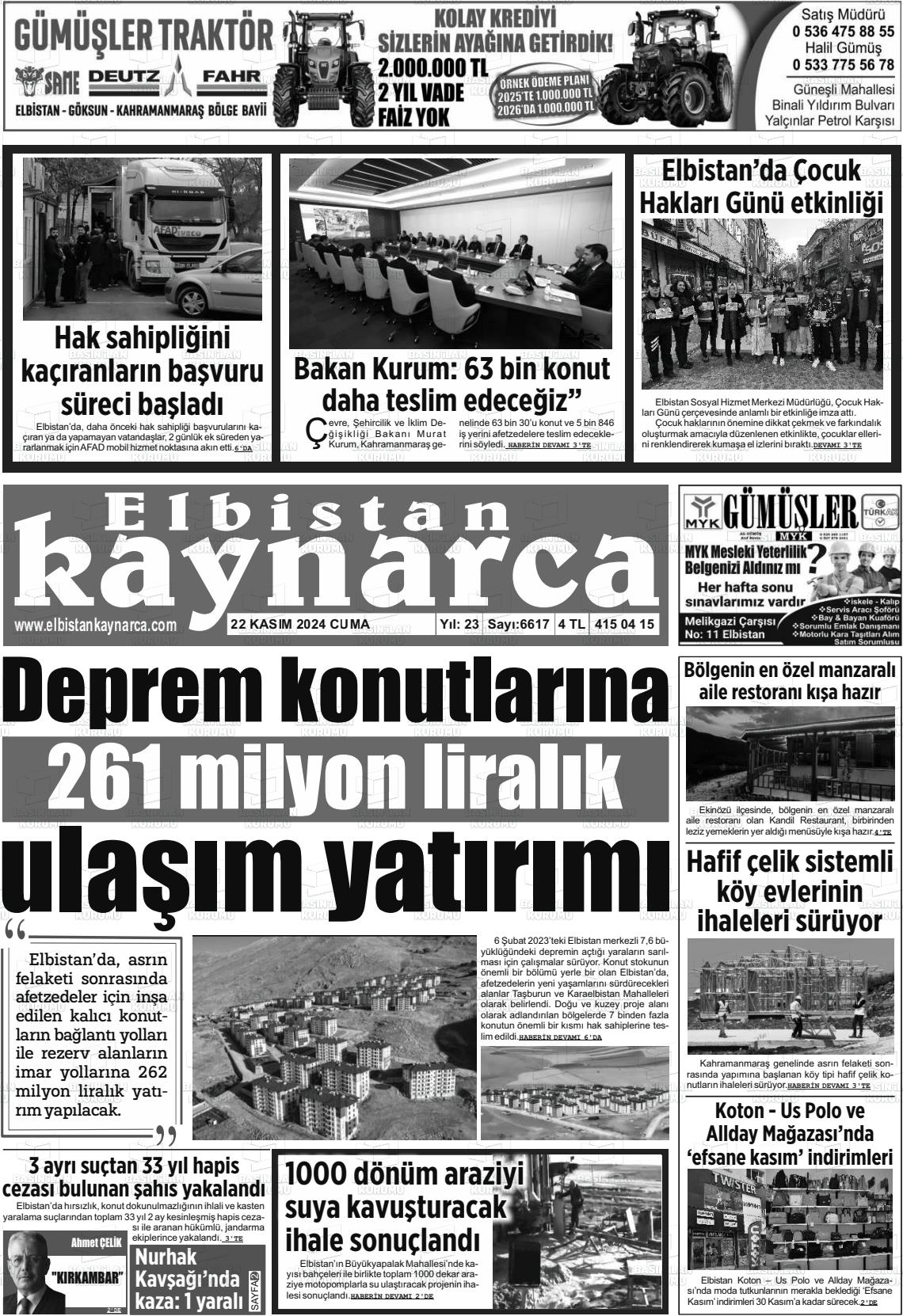 22 Kasım 2024 Elbistan Kaynarca Gazete Manşeti