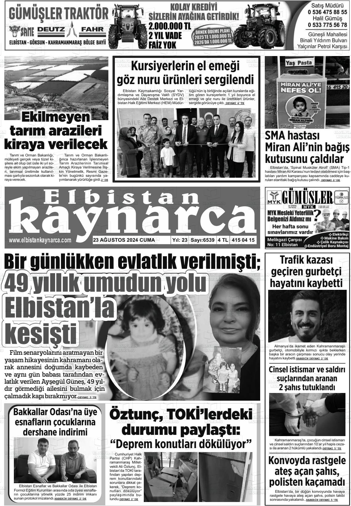 23 Ağustos 2024 Elbistan Kaynarca Gazete Manşeti