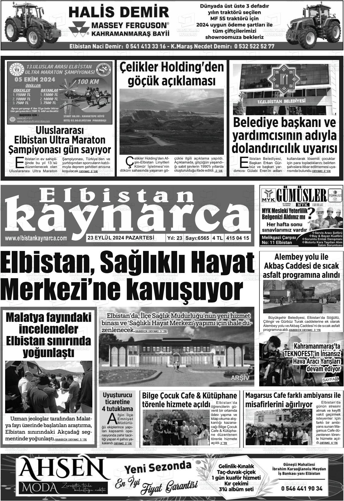 23 Eylül 2024 Elbistan Kaynarca Gazete Manşeti