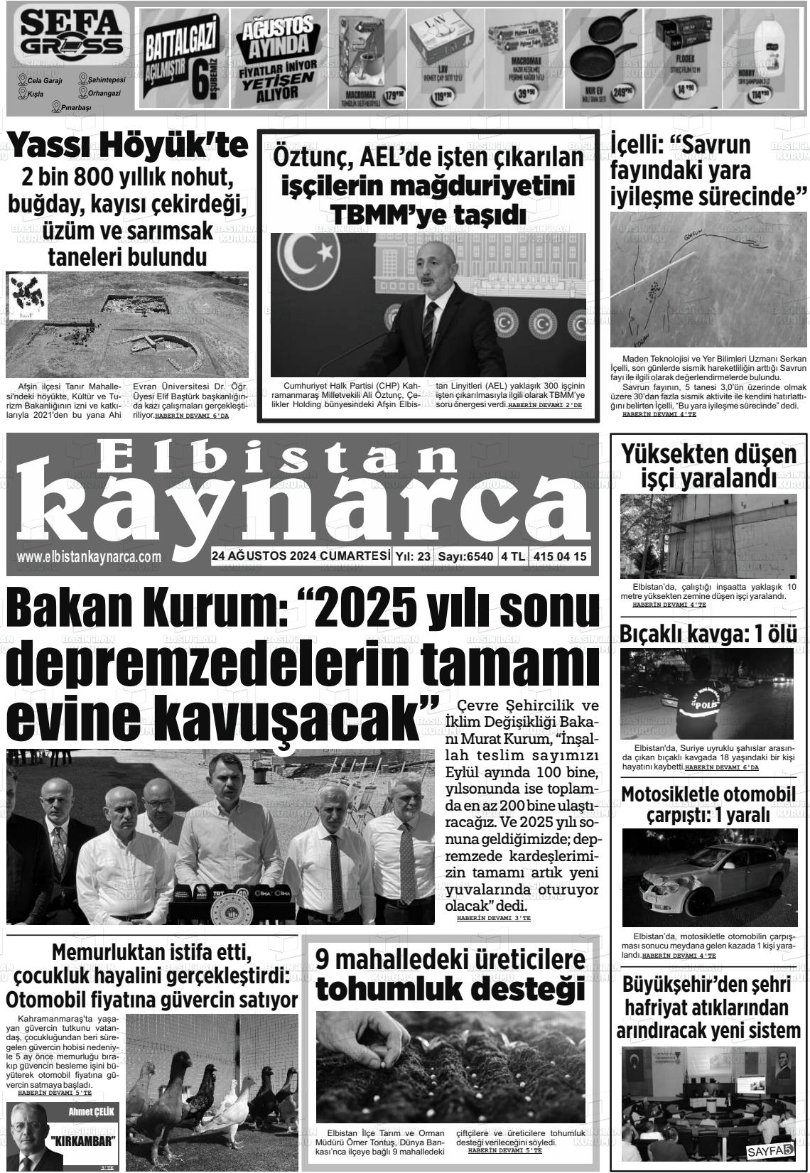 24 Ağustos 2024 Elbistan Kaynarca Gazete Manşeti