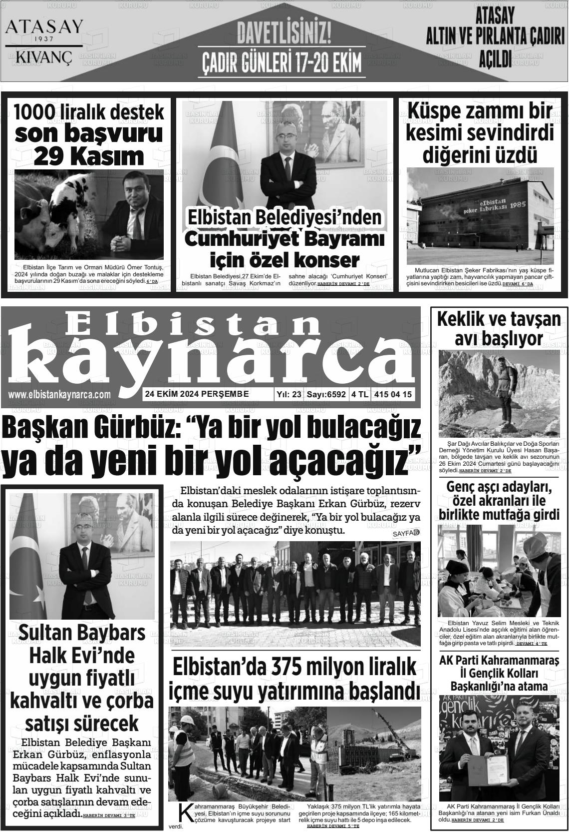 24 Ekim 2024 Elbistan Kaynarca Gazete Manşeti