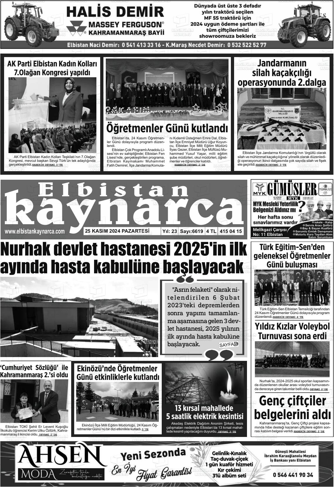 25 Kasım 2024 Elbistan Kaynarca Gazete Manşeti