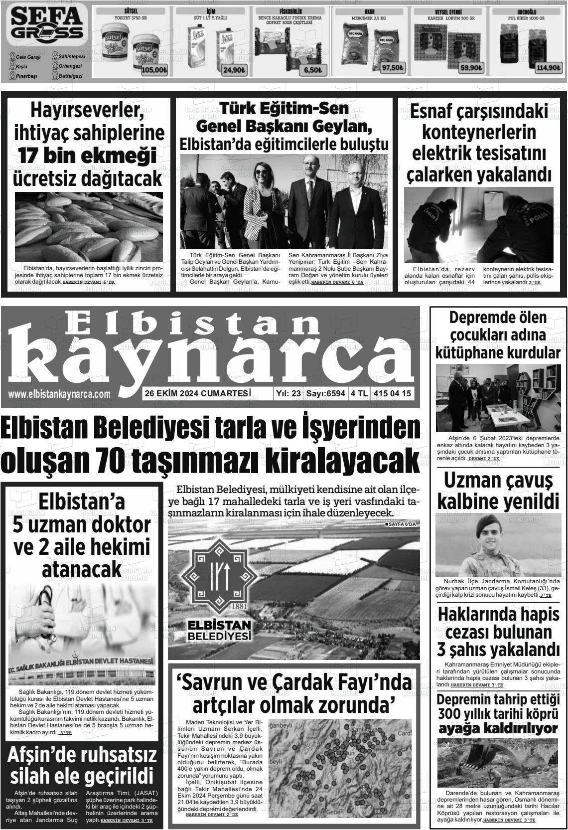 26 Ekim 2024 Elbistan Kaynarca Gazete Manşeti