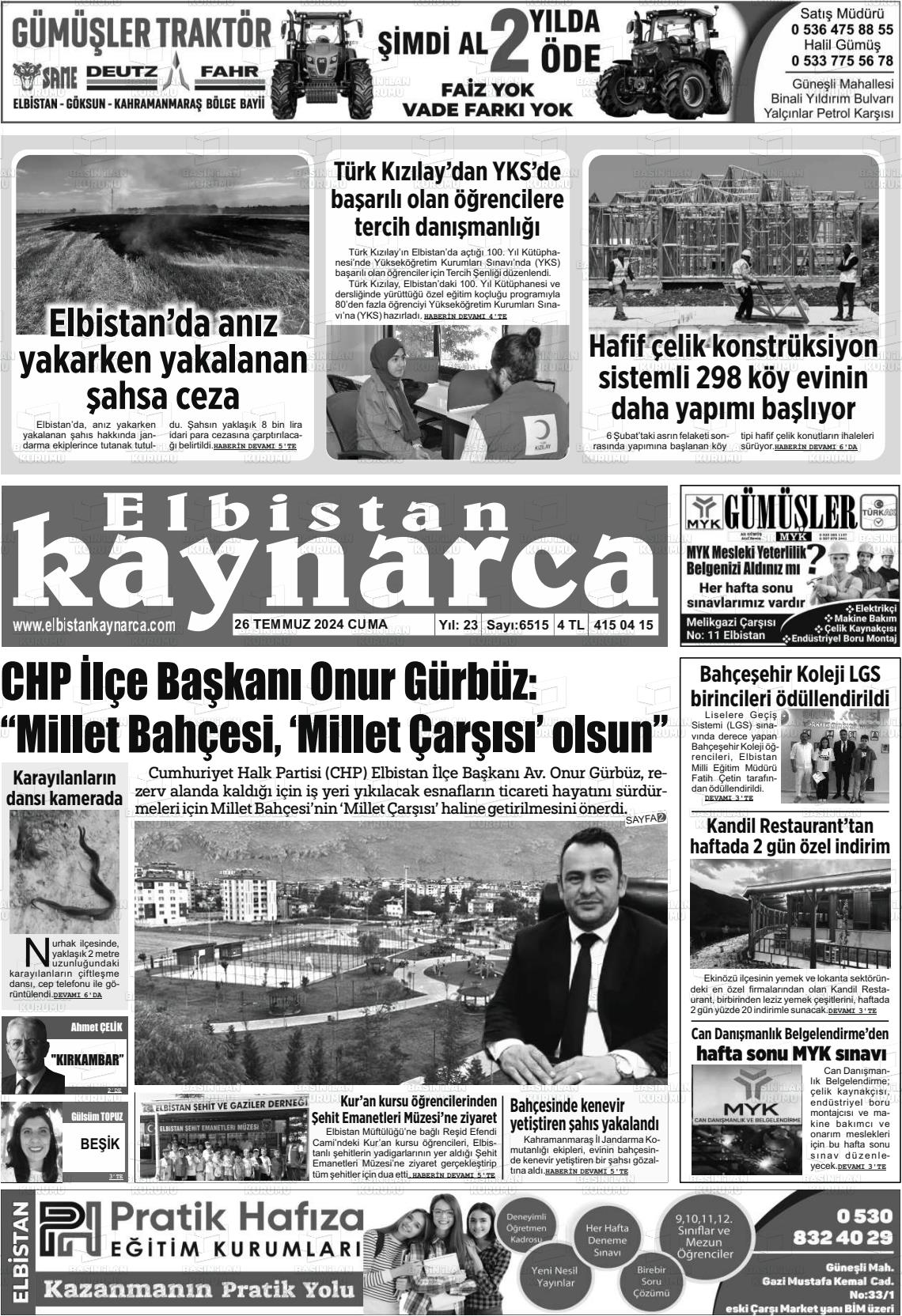 26 Temmuz 2024 Elbistan Kaynarca Gazete Manşeti