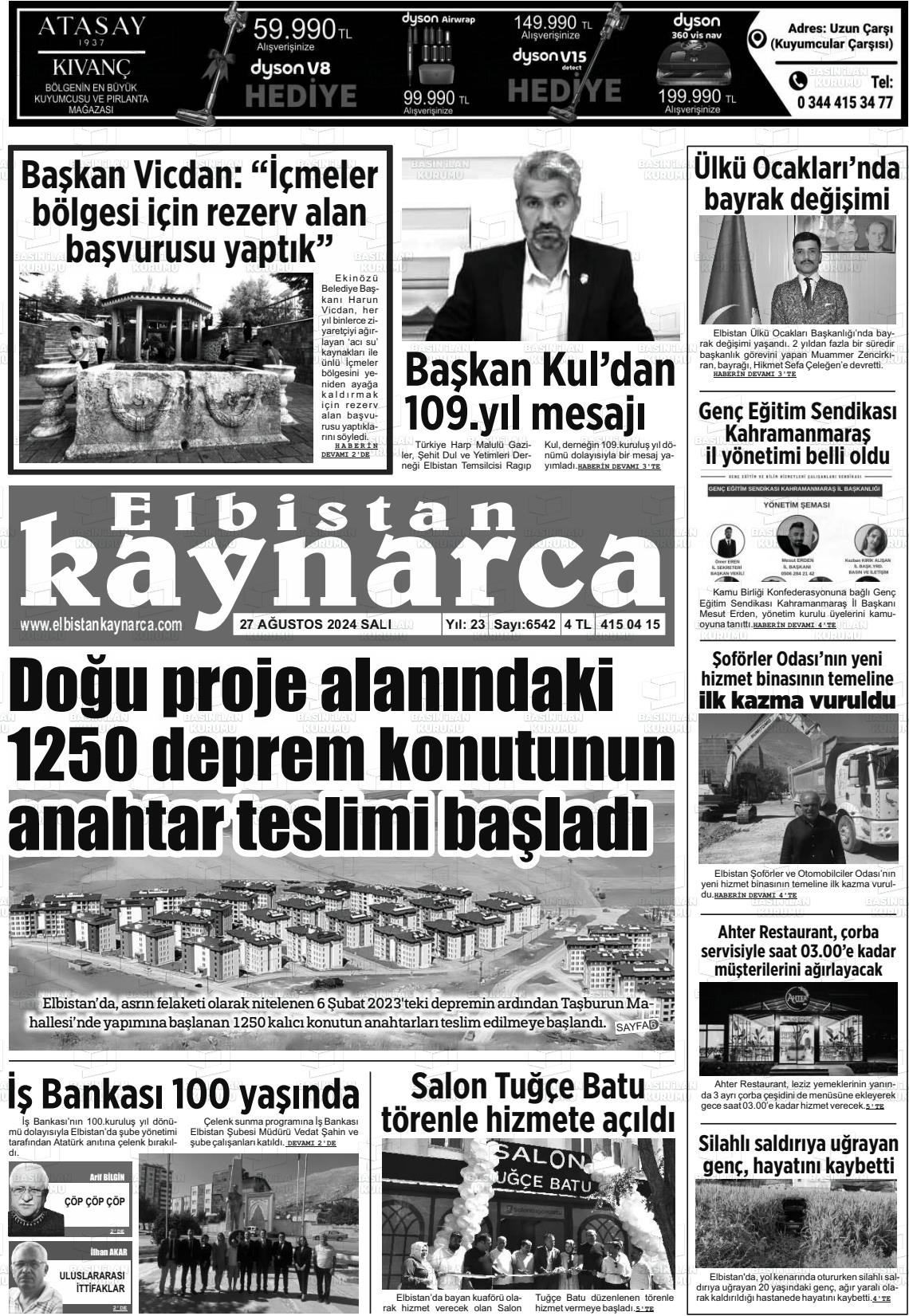 27 Ağustos 2024 Elbistan Kaynarca Gazete Manşeti