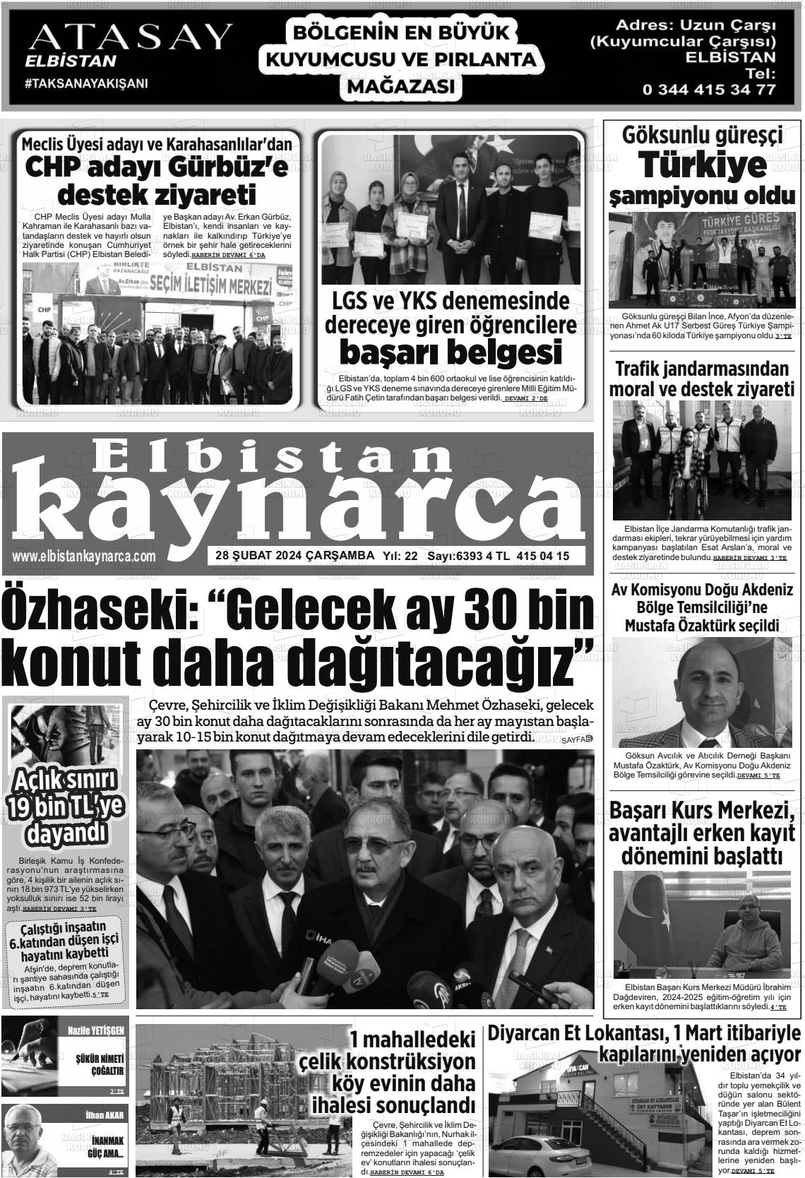 28 Şubat 2024 Elbistan Kaynarca Gazete Manşeti