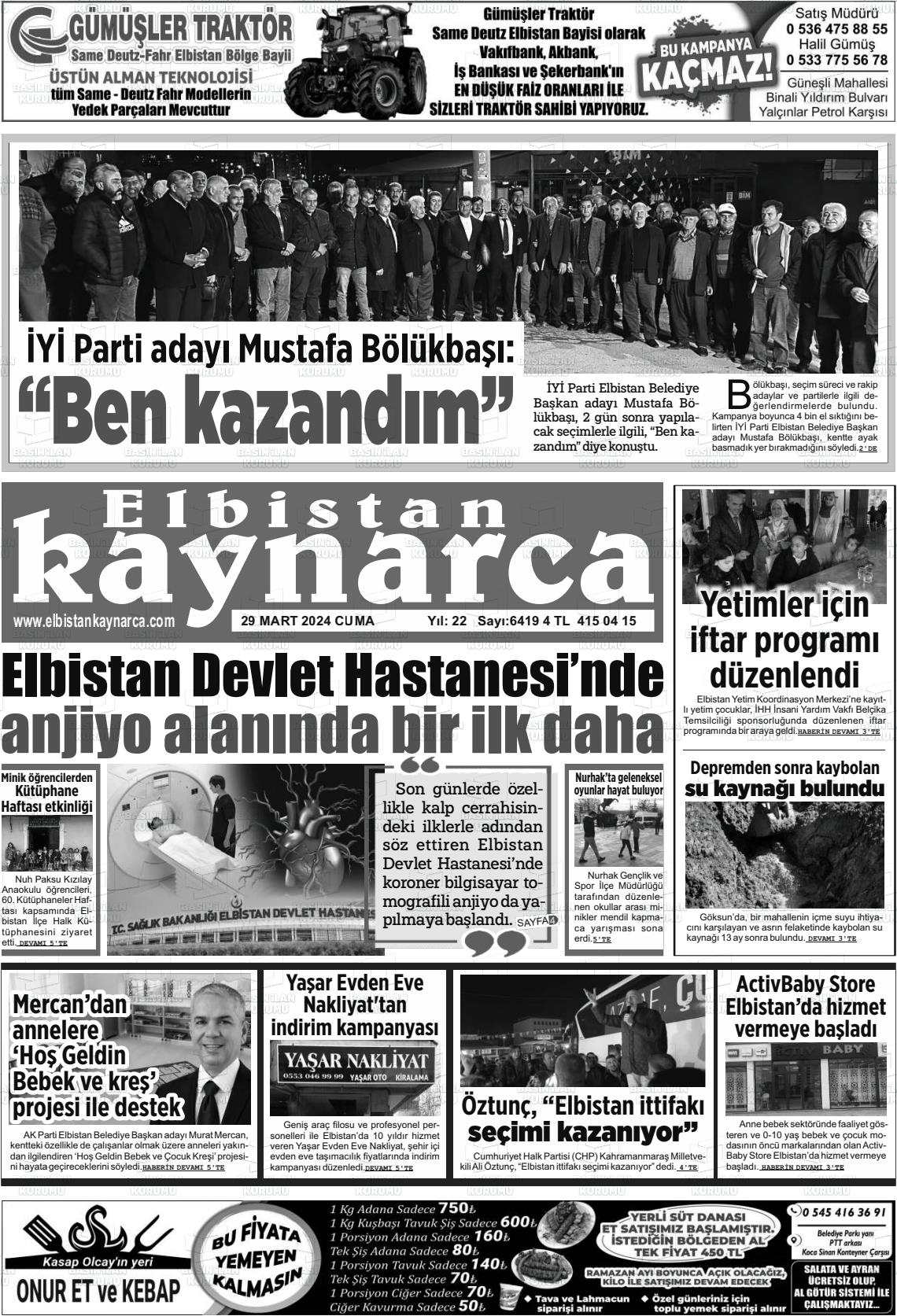 29 Mart 2024 Elbistan Kaynarca Gazete Manşeti