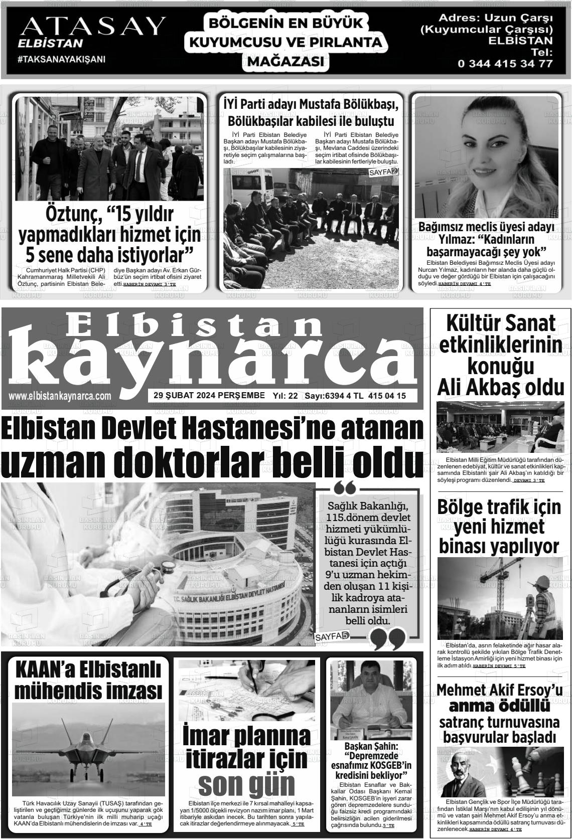 29 Şubat 2024 Elbistan Kaynarca Gazete Manşeti