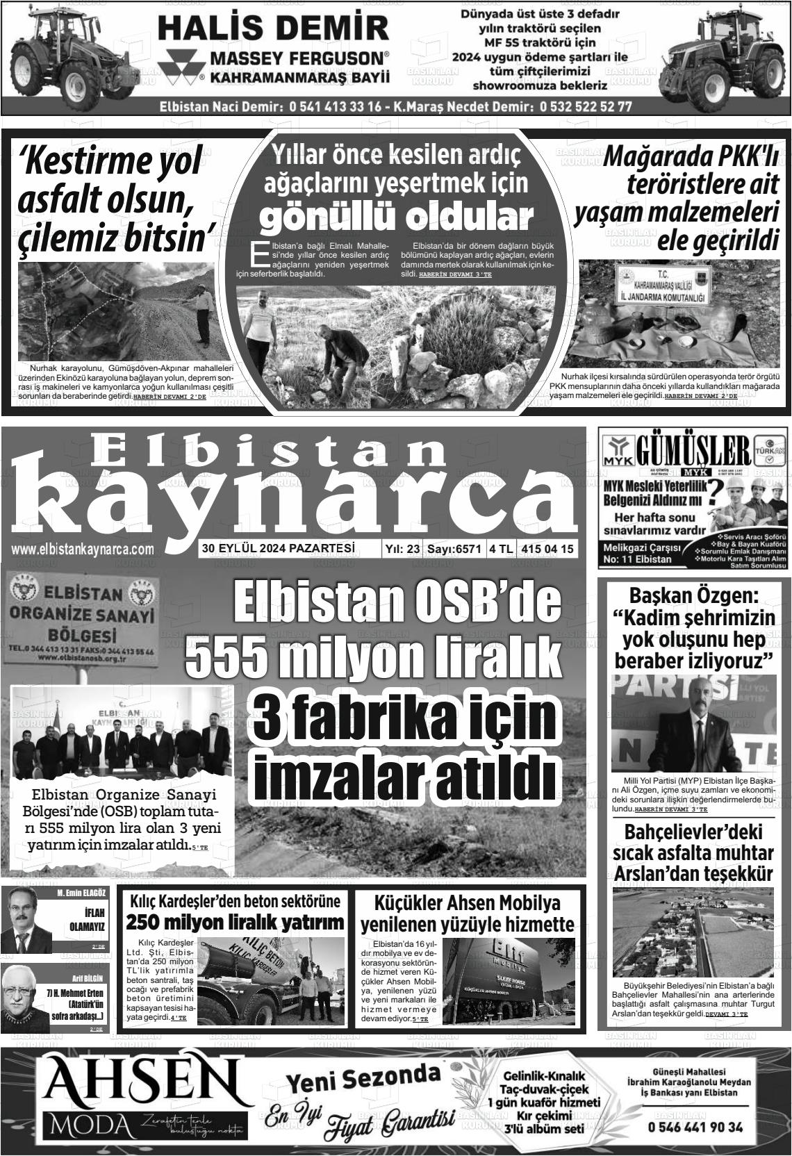 30 Eylül 2024 Elbistan Kaynarca Gazete Manşeti