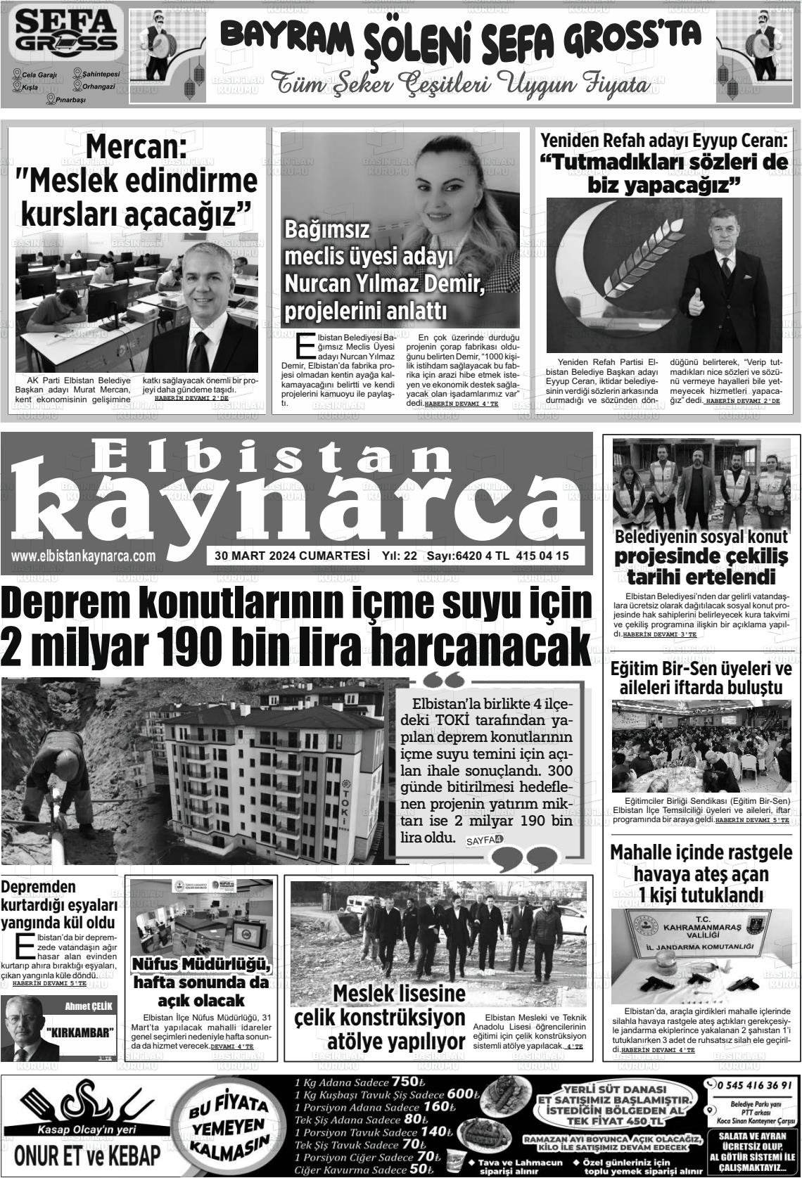 30 Mart 2024 Elbistan Kaynarca Gazete Manşeti