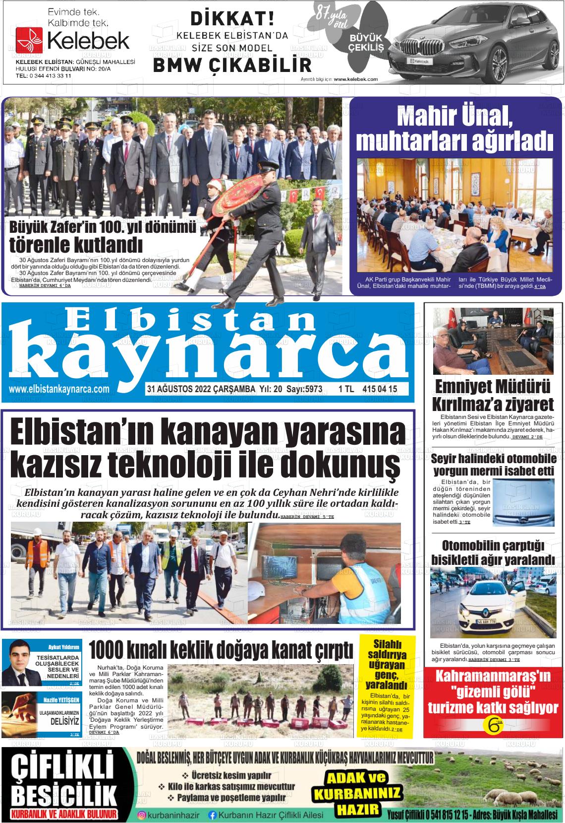 31 Ağustos 2022 Elbistan Kaynarca Gazete Manşeti