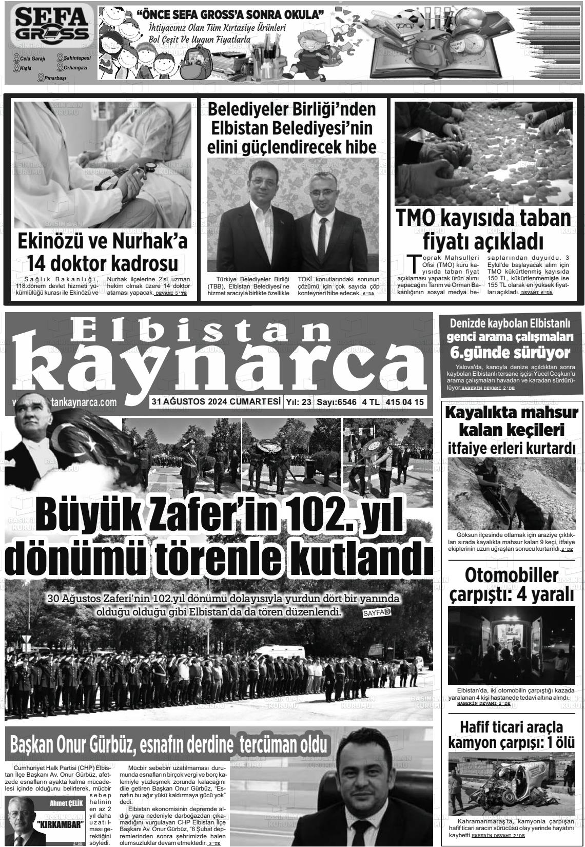 31 Ağustos 2024 Elbistan Kaynarca Gazete Manşeti