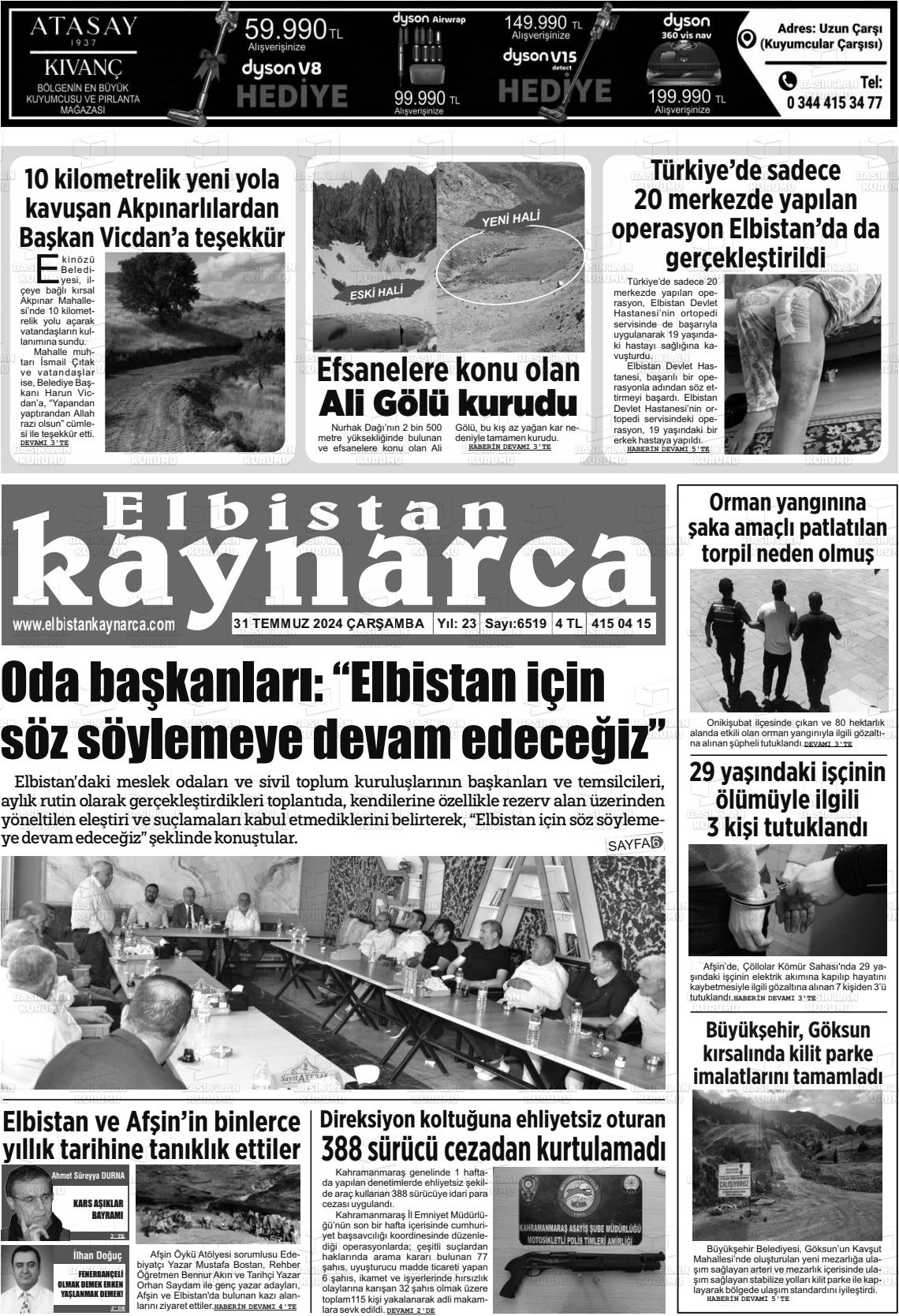 31 Temmuz 2024 Elbistan Kaynarca Gazete Manşeti