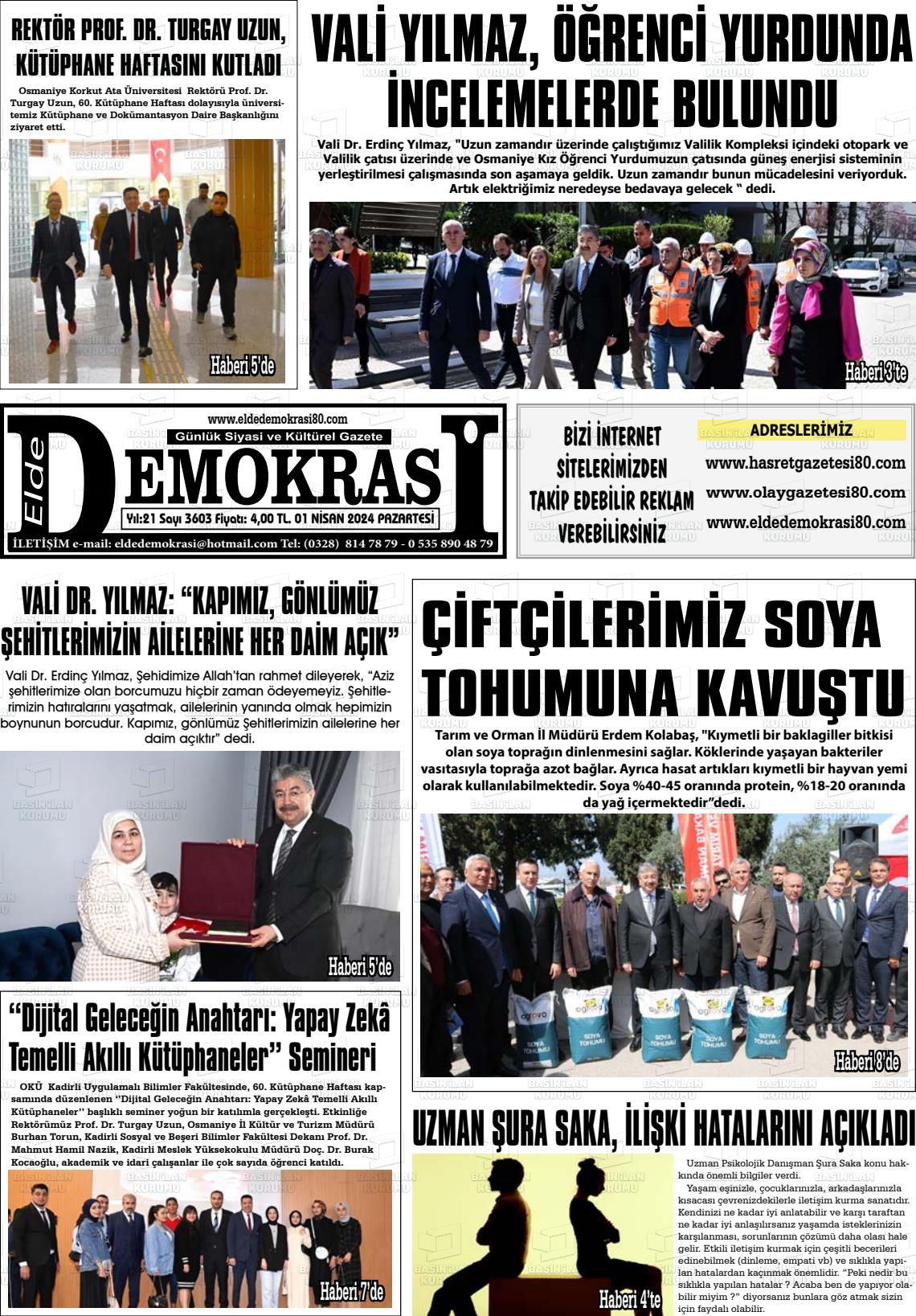 01 Nisan 2024 Elde Demokrasi Gazete Manşeti