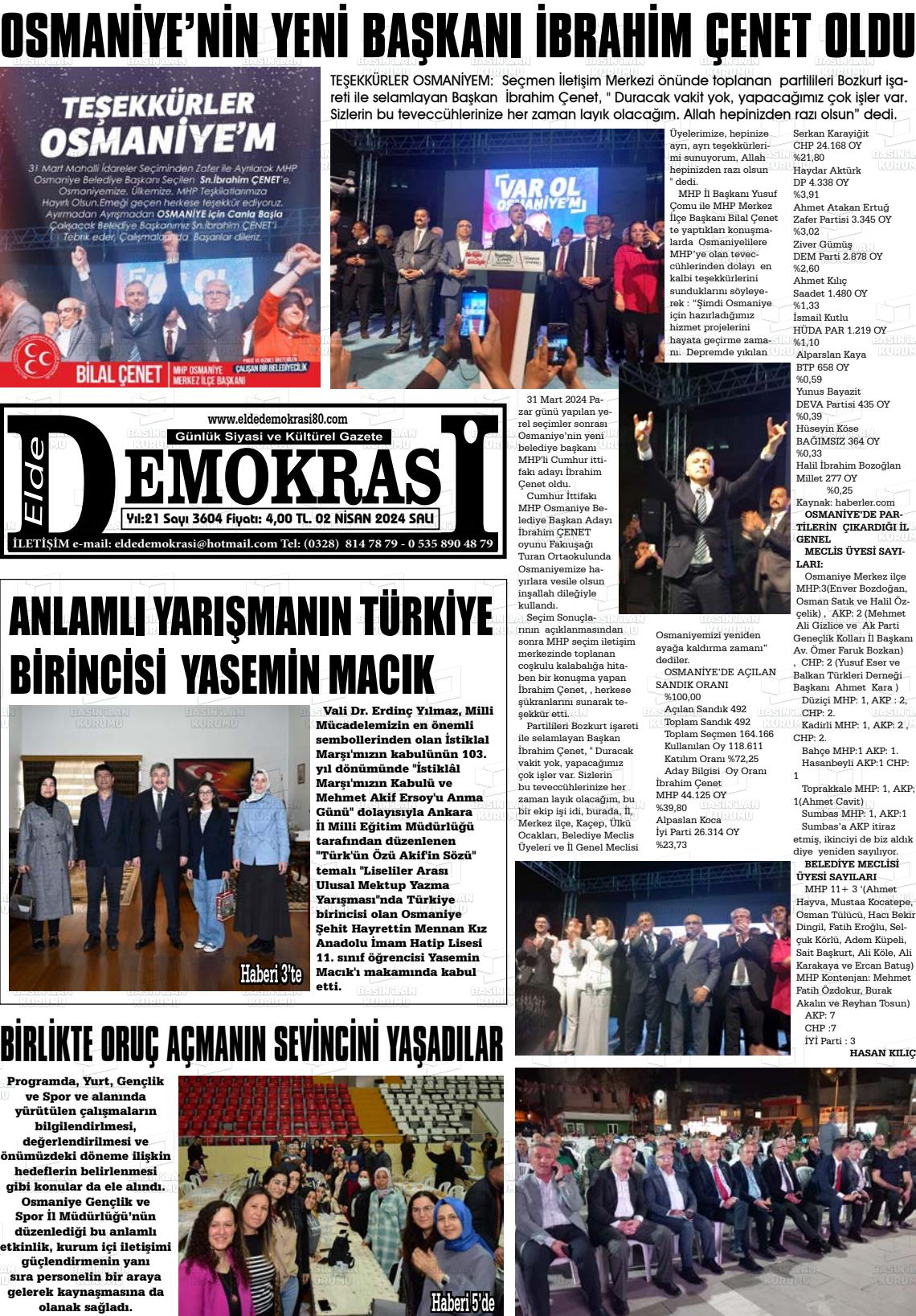 02 Nisan 2024 Elde Demokrasi Gazete Manşeti