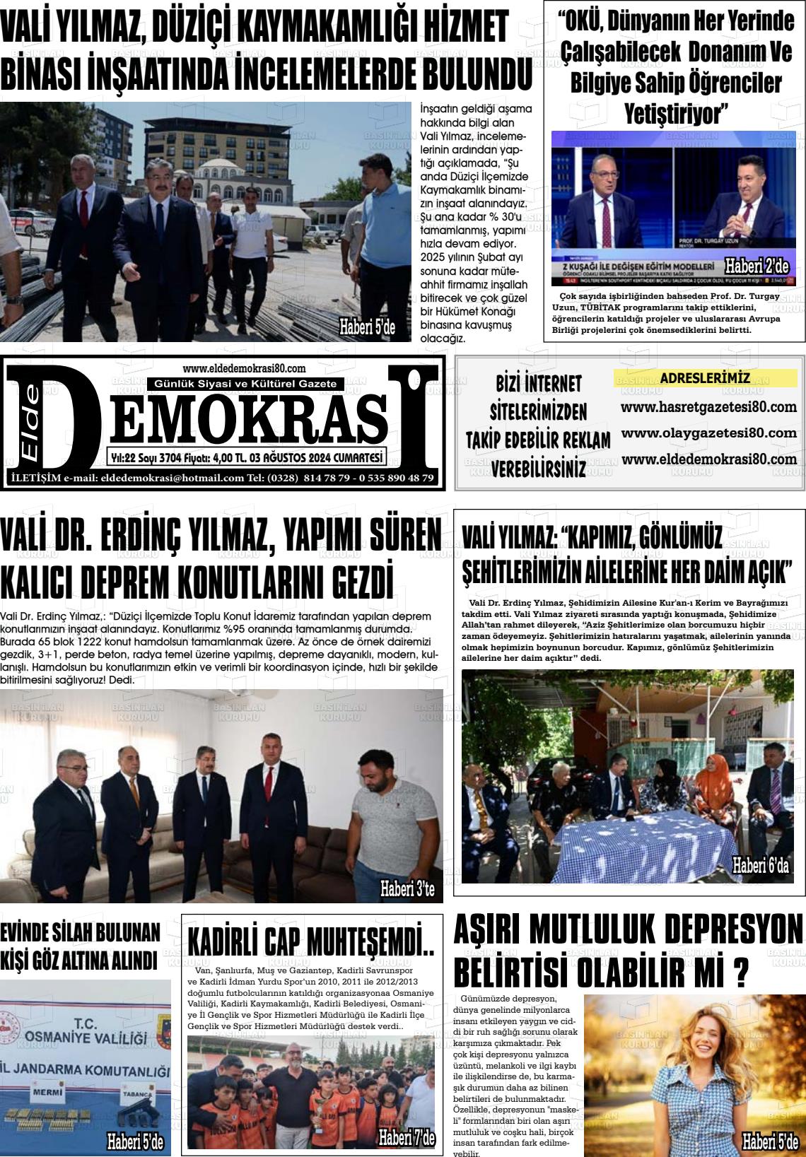 03 Ağustos 2024 Elde Demokrasi Gazete Manşeti