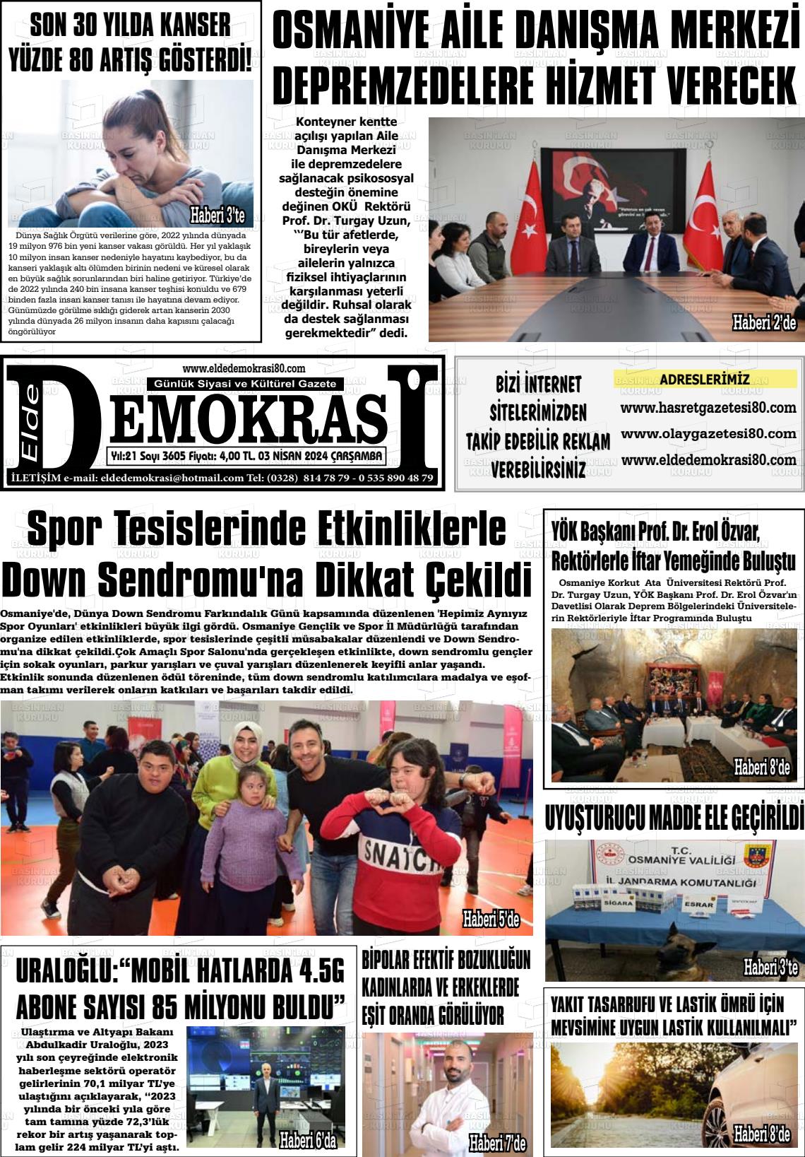 03 Nisan 2024 Elde Demokrasi Gazete Manşeti