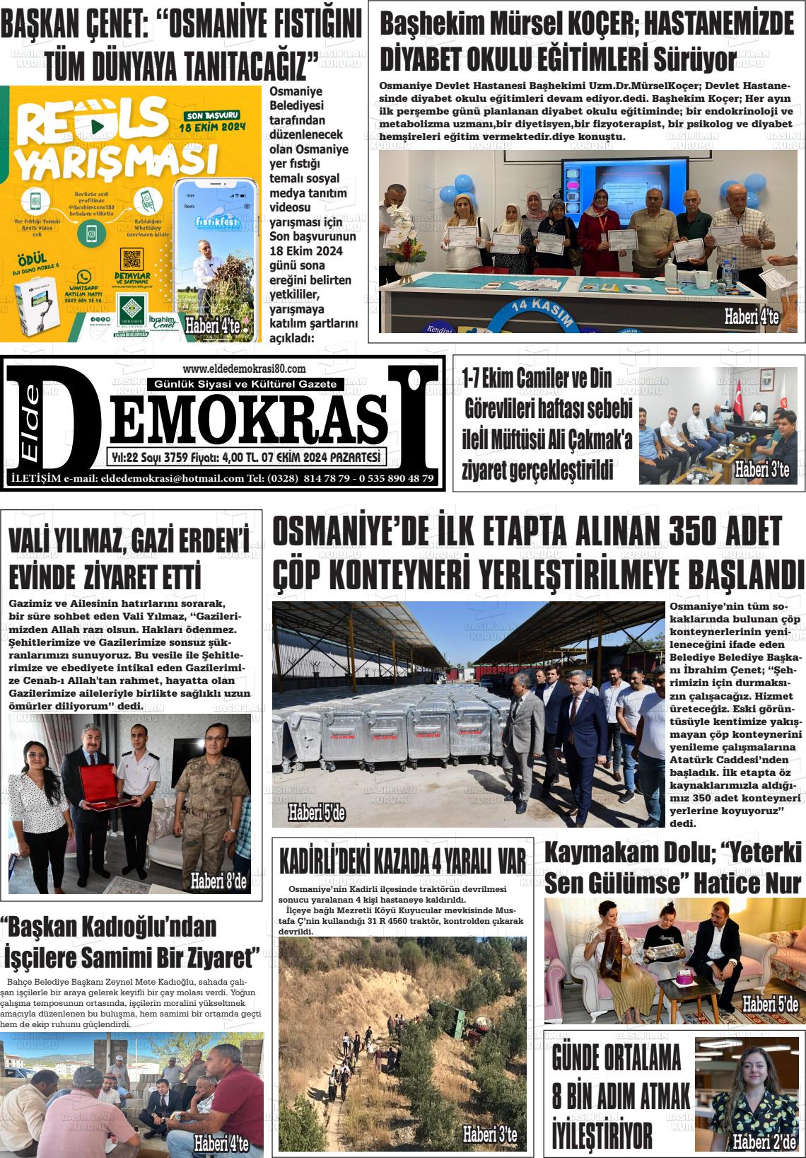 07 Ekim 2024 Elde Demokrasi Gazete Manşeti