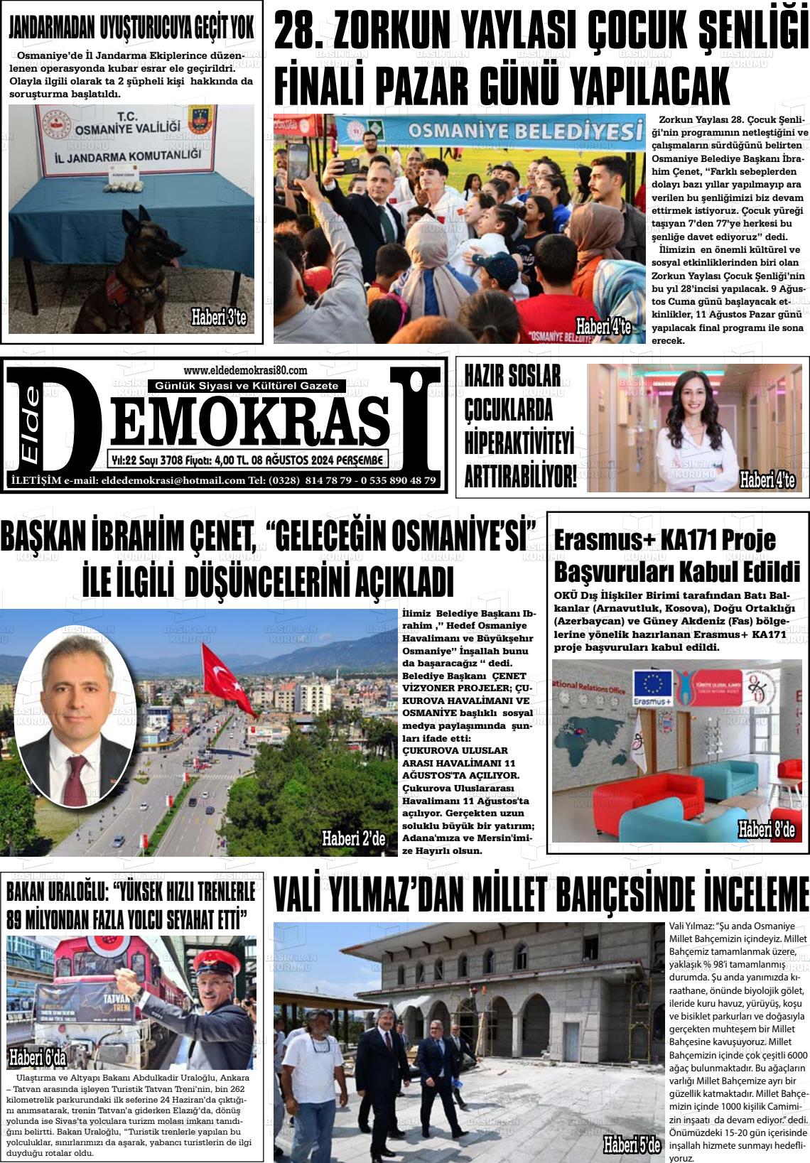 08 Ağustos 2024 Elde Demokrasi Gazete Manşeti