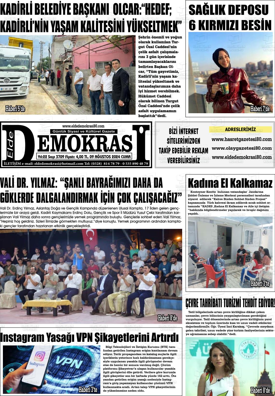 09 Ağustos 2024 Elde Demokrasi Gazete Manşeti