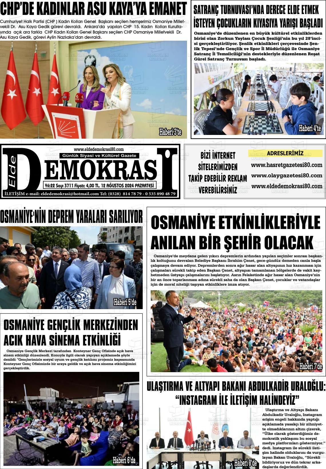 12 Ağustos 2024 Elde Demokrasi Gazete Manşeti