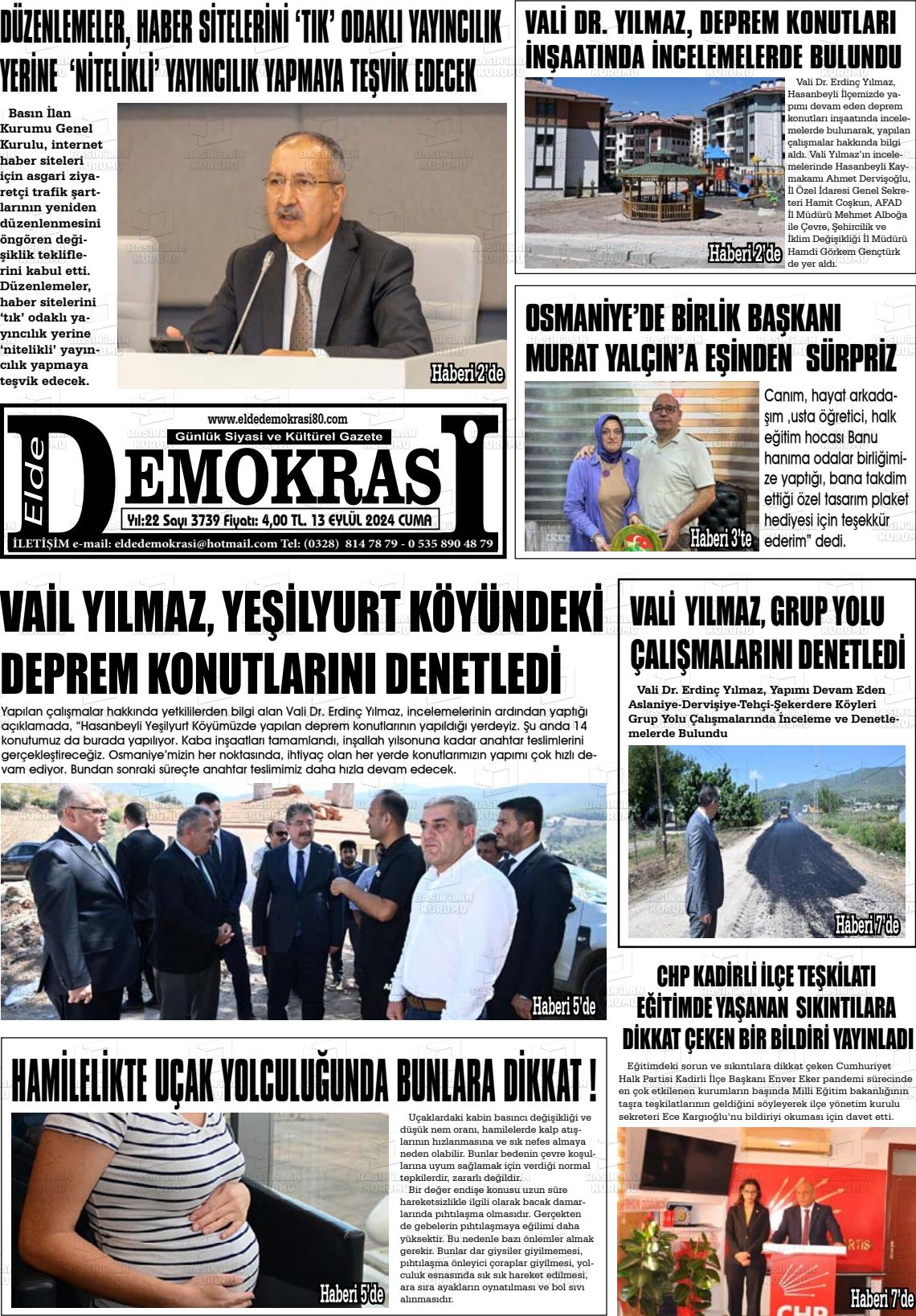 13 Eylül 2024 Elde Demokrasi Gazete Manşeti