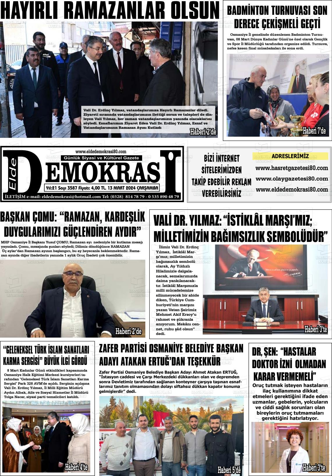 13 Mart 2024 Elde Demokrasi Gazete Manşeti