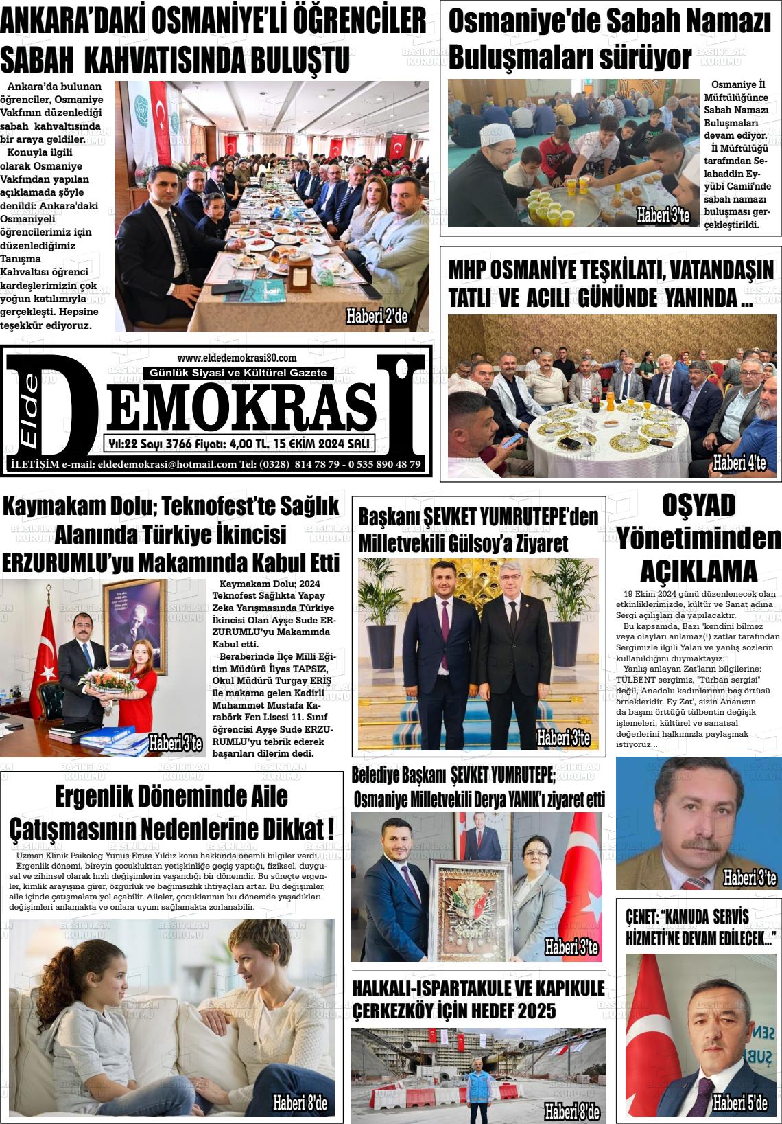 15 Ekim 2024 Elde Demokrasi Gazete Manşeti