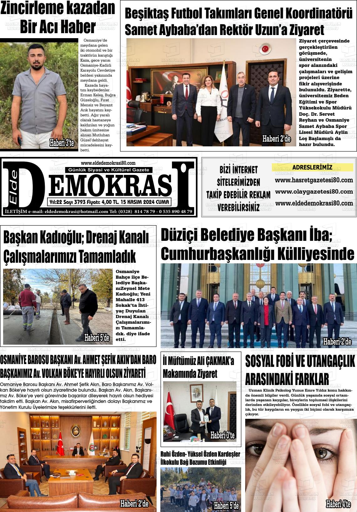 15 Kasım 2024 Elde Demokrasi Gazete Manşeti